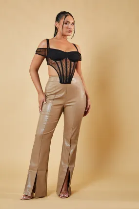 Beige Faux Leather Slit Front Trousers - Madeline