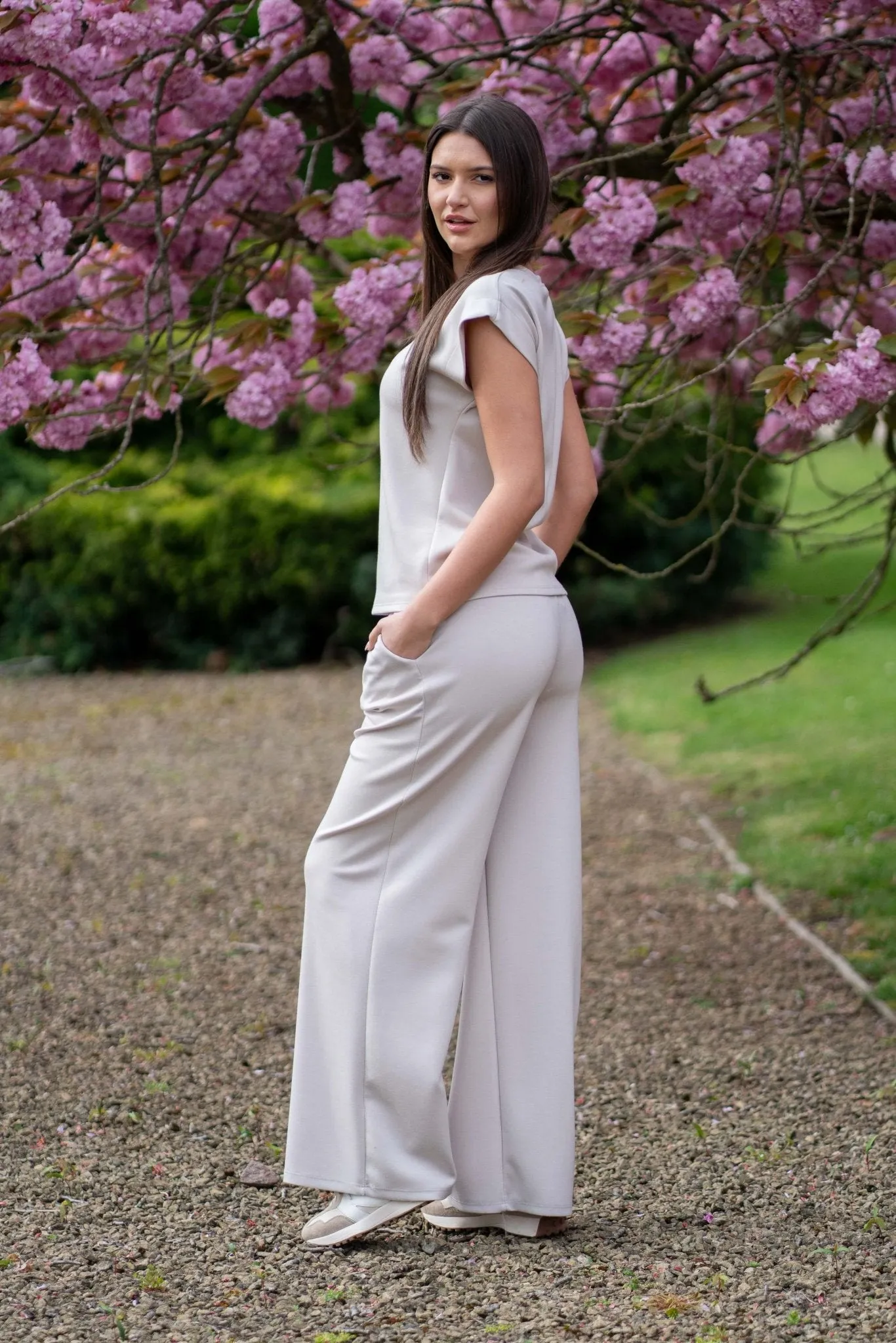 Beige Wide Leg Trousers