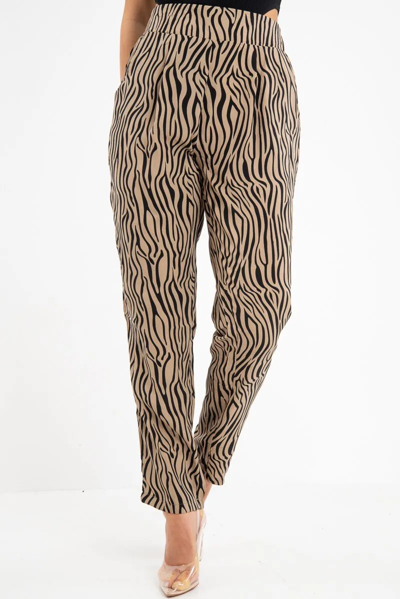 Beige Zebra Print Wide Leg Trousers - Gisella