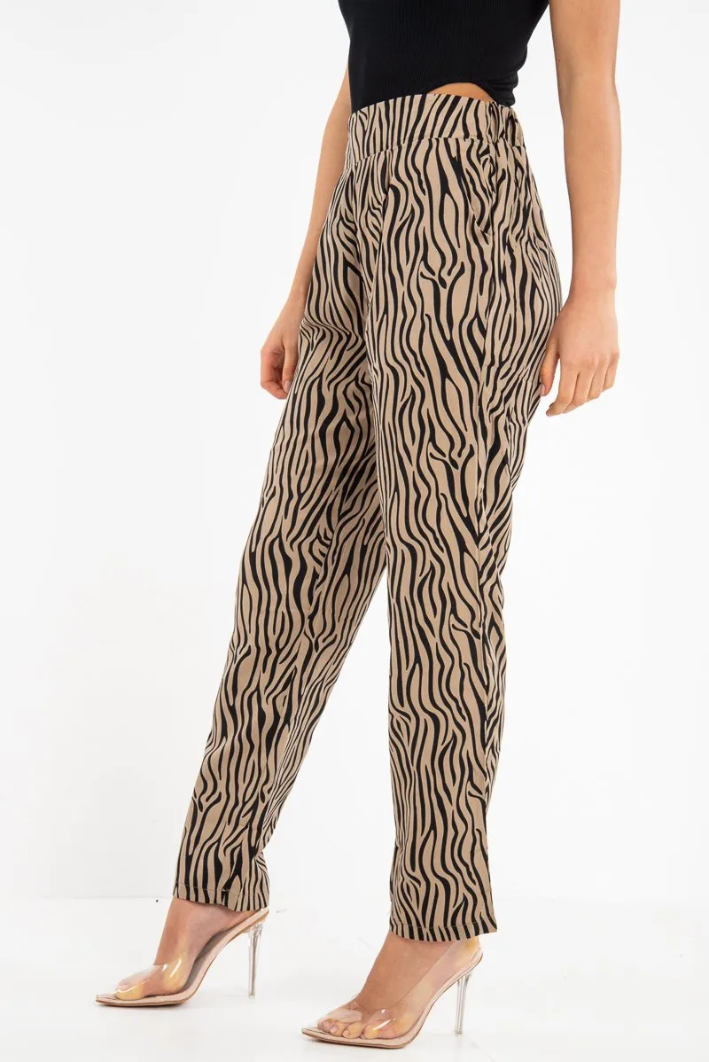 Beige Zebra Print Wide Leg Trousers - Gisella