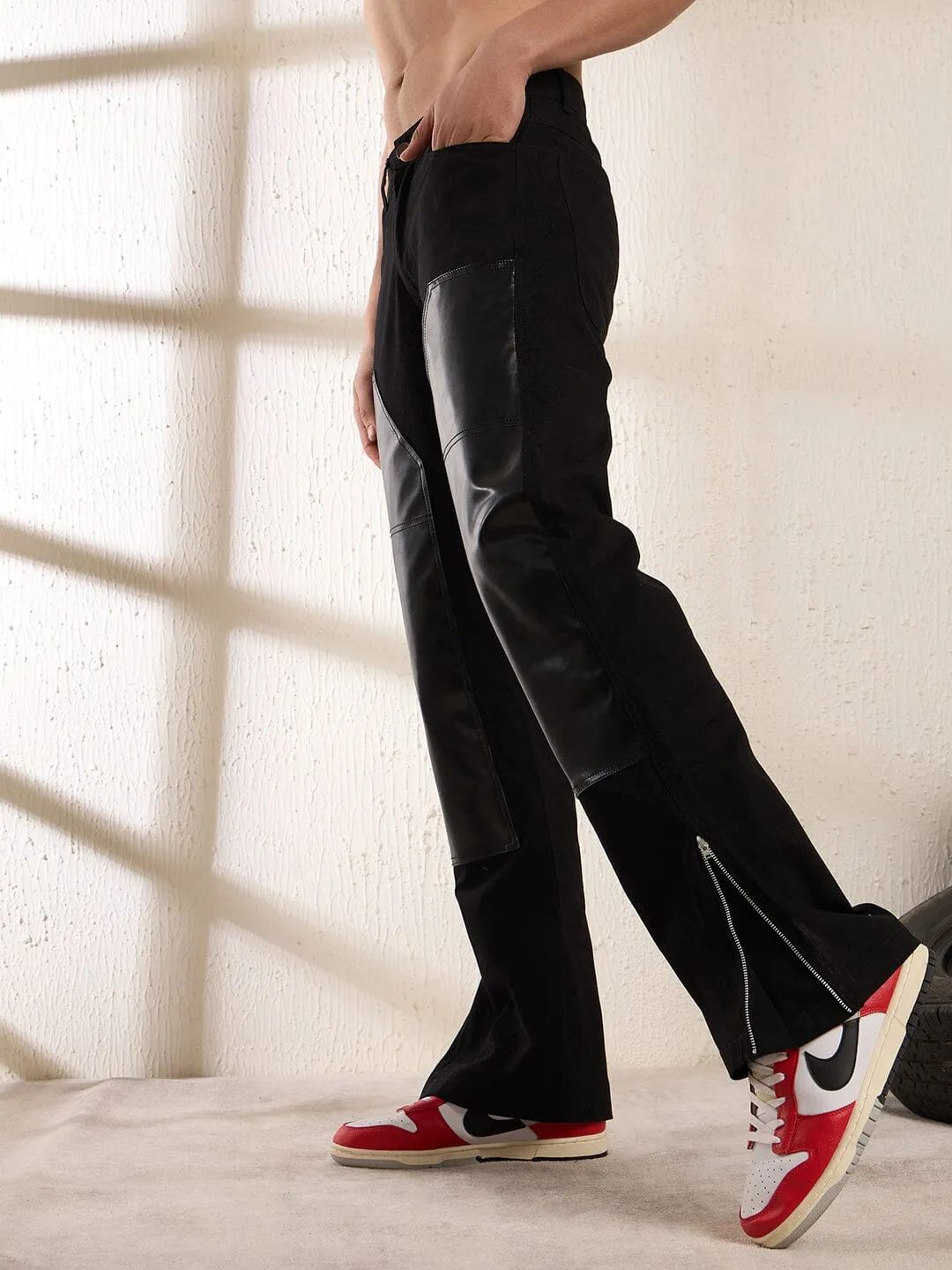 Black Leather Patched Flared Trousers