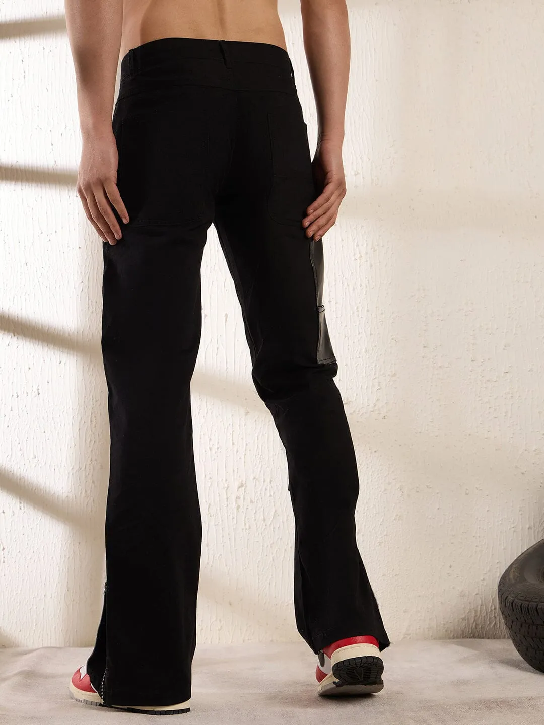 Black Leather Patched Flared Trousers