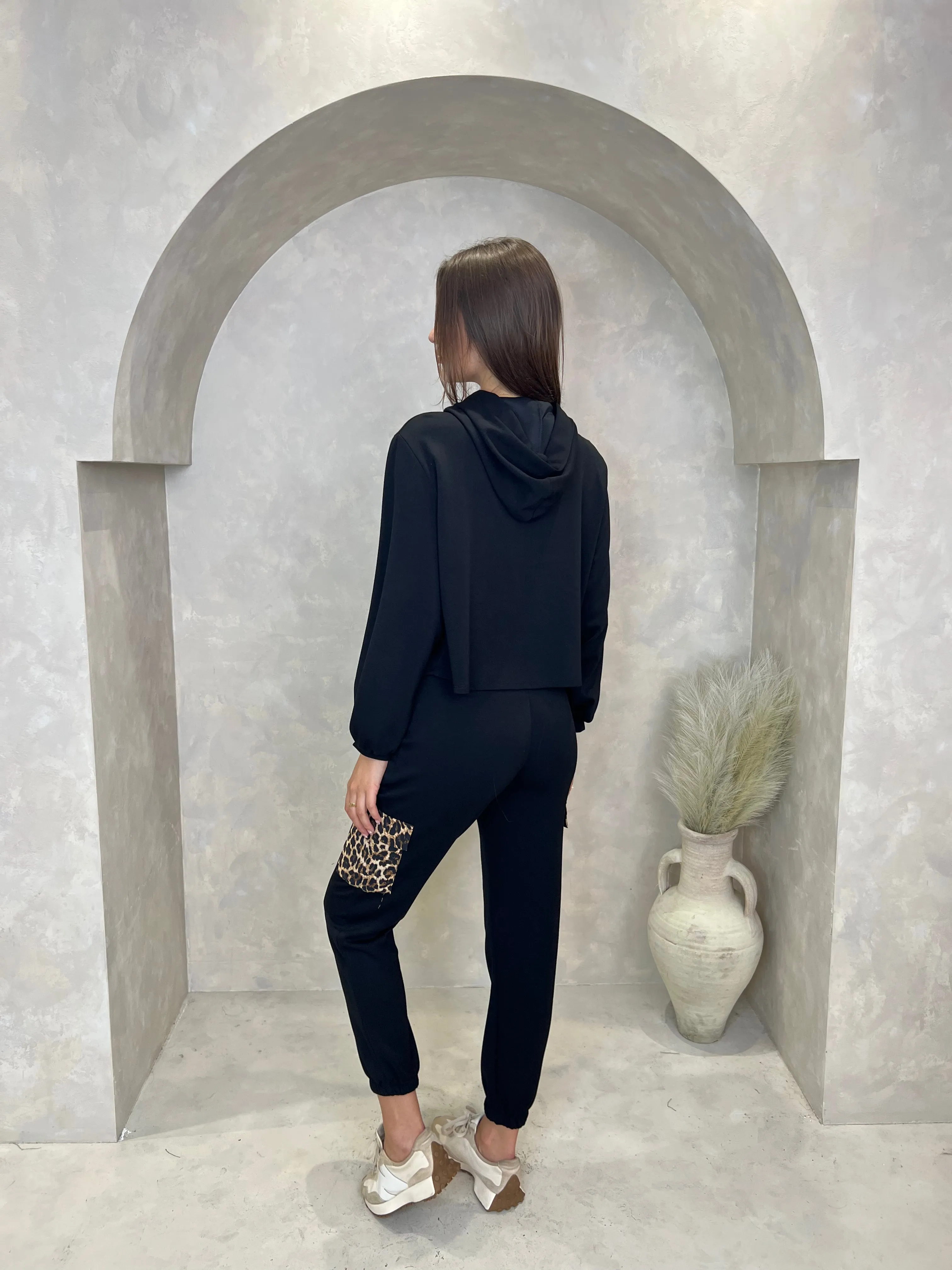 Black Leopard Print Leg Pocket Jogging Bottoms