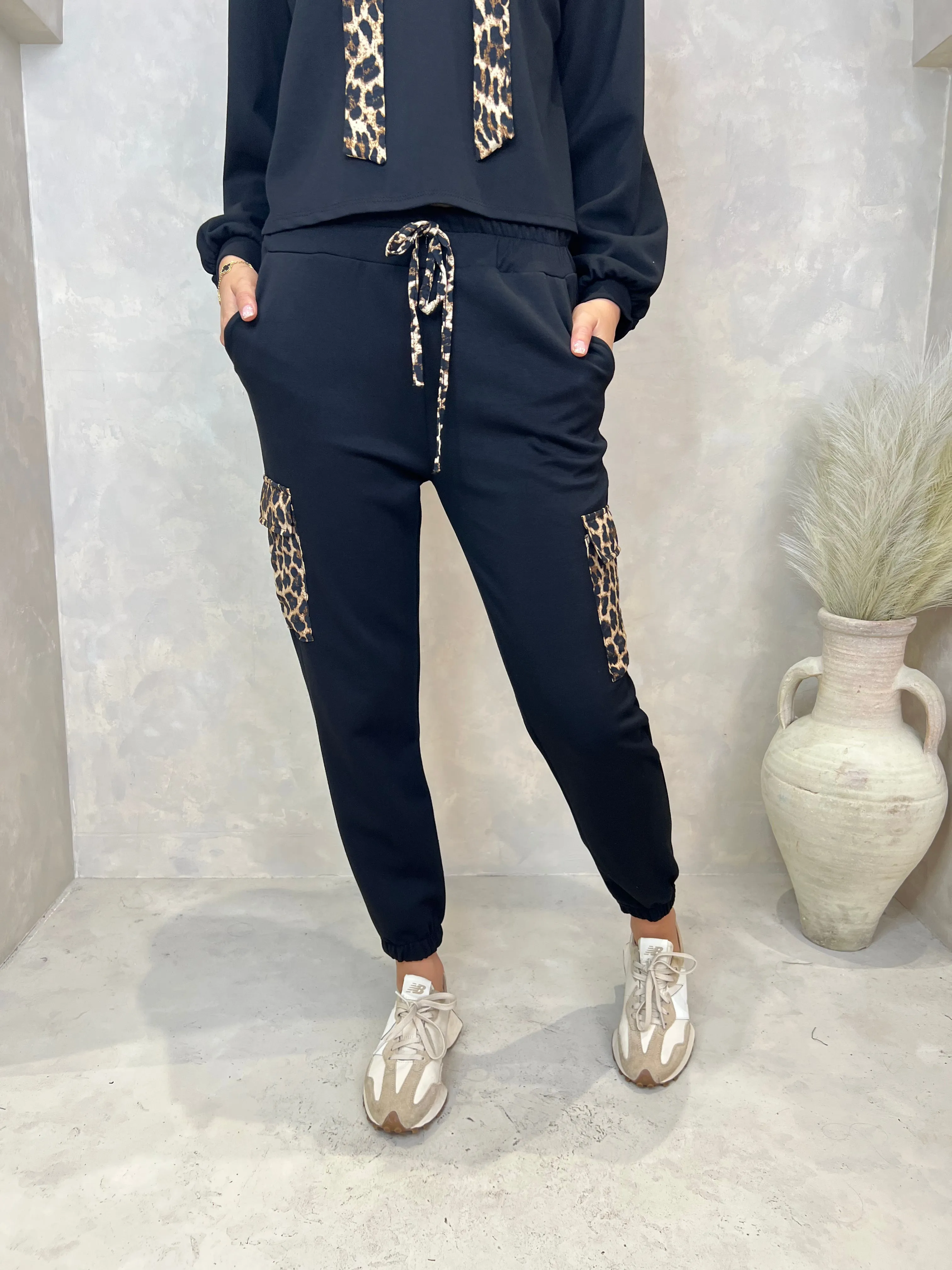 Black Leopard Print Leg Pocket Jogging Bottoms