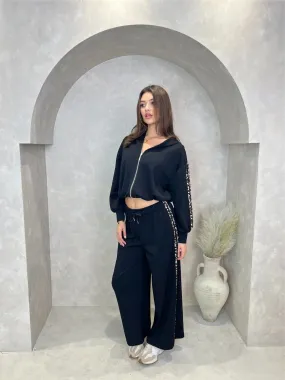 Black Leopard Print Trim Wide Leg Jogging Bottoms