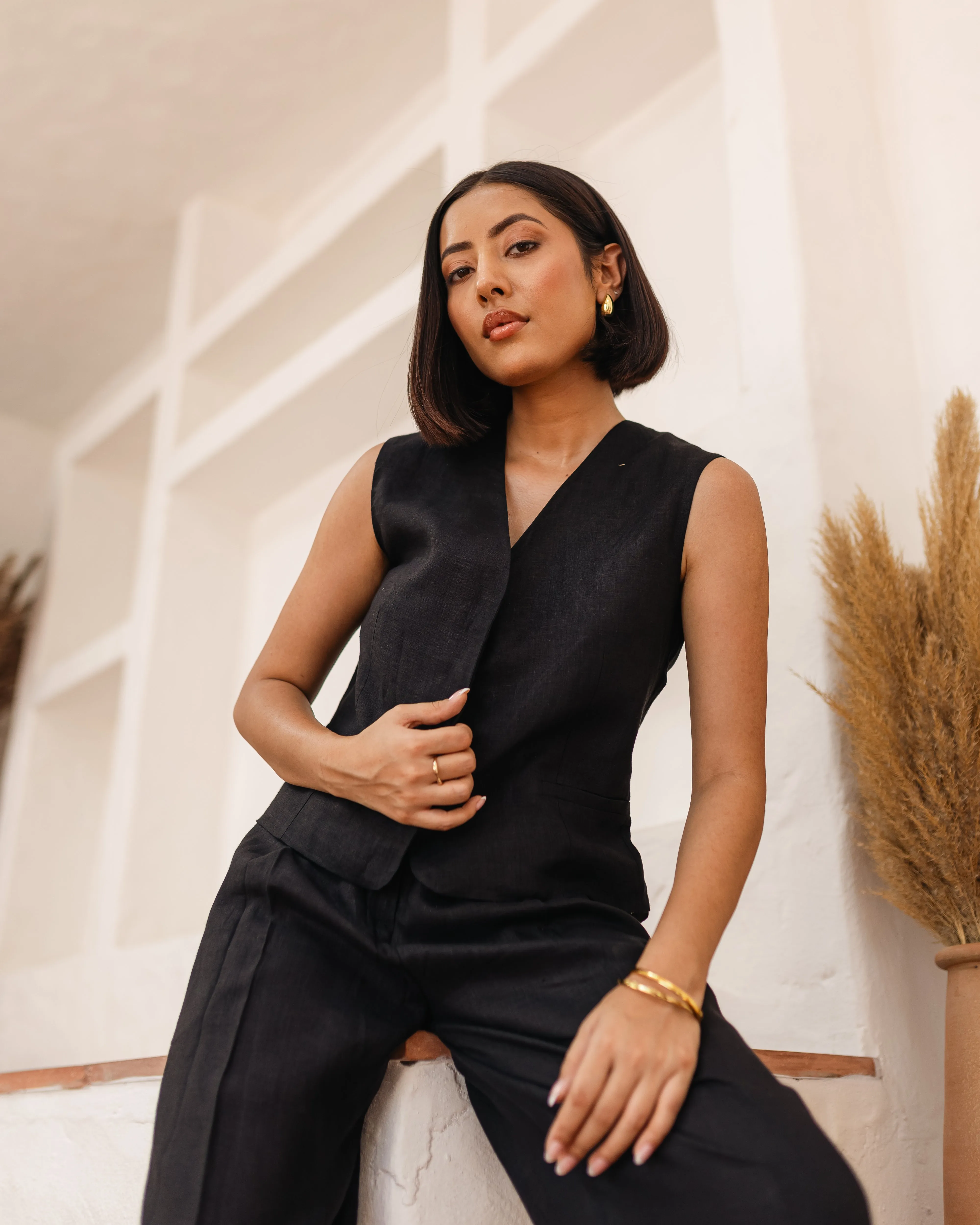 Black Linen Waistcoat & Trousers