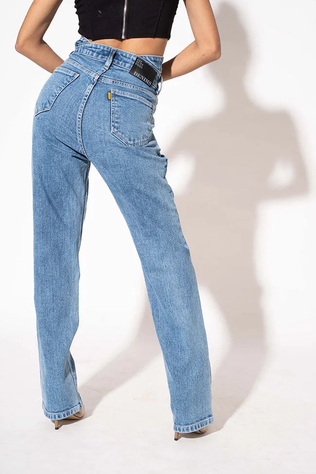 Blue Double Belt Straight High Waist Jeans