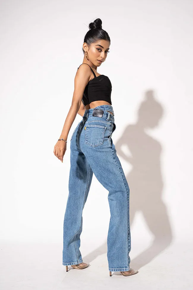 Blue Double Belt Straight High Waist Jeans