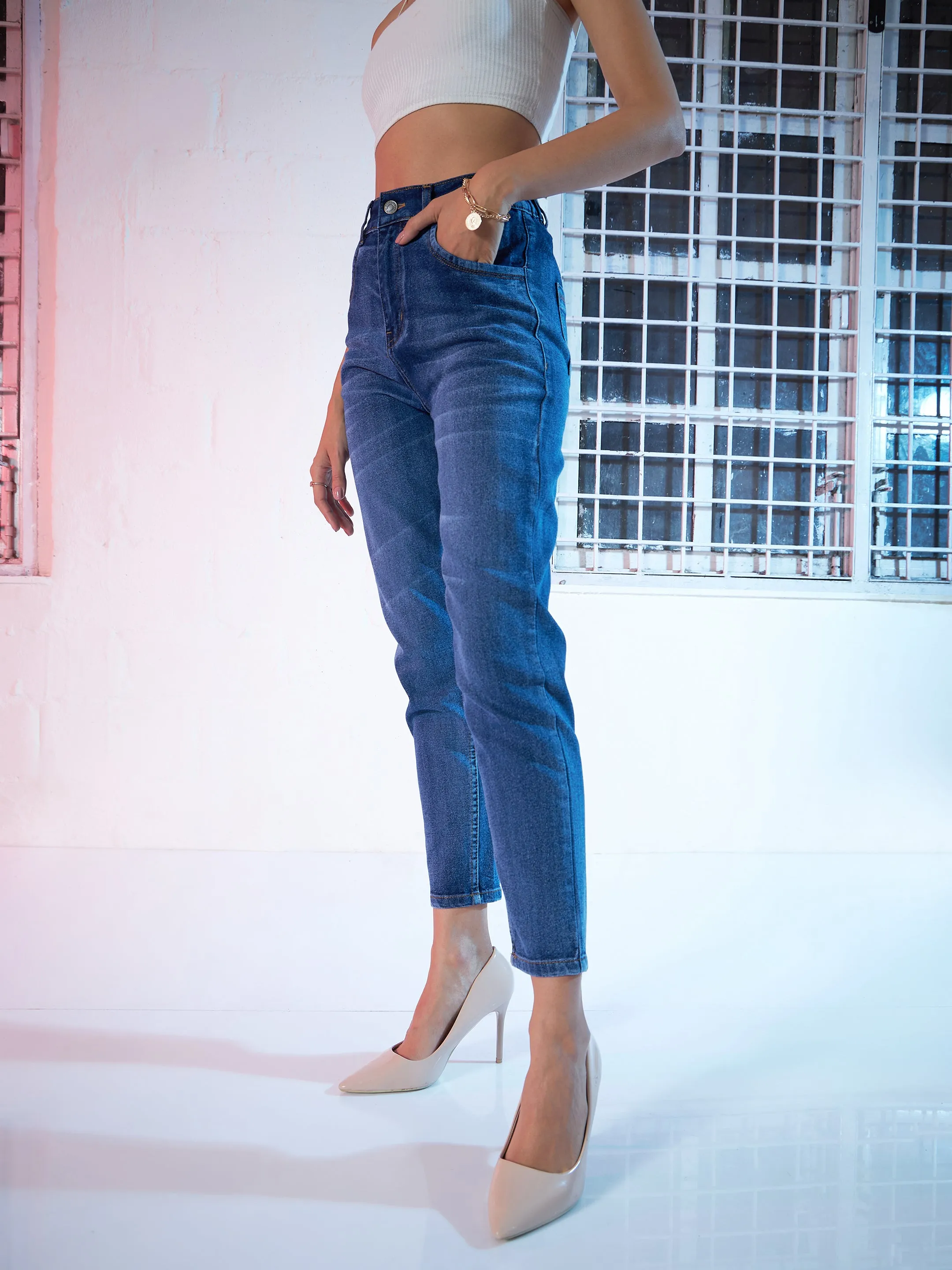 Blue High Waist Basic Jeans