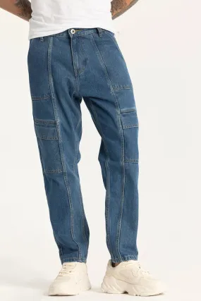 Blue Plain Cargo Style Baggy Fit Jeans