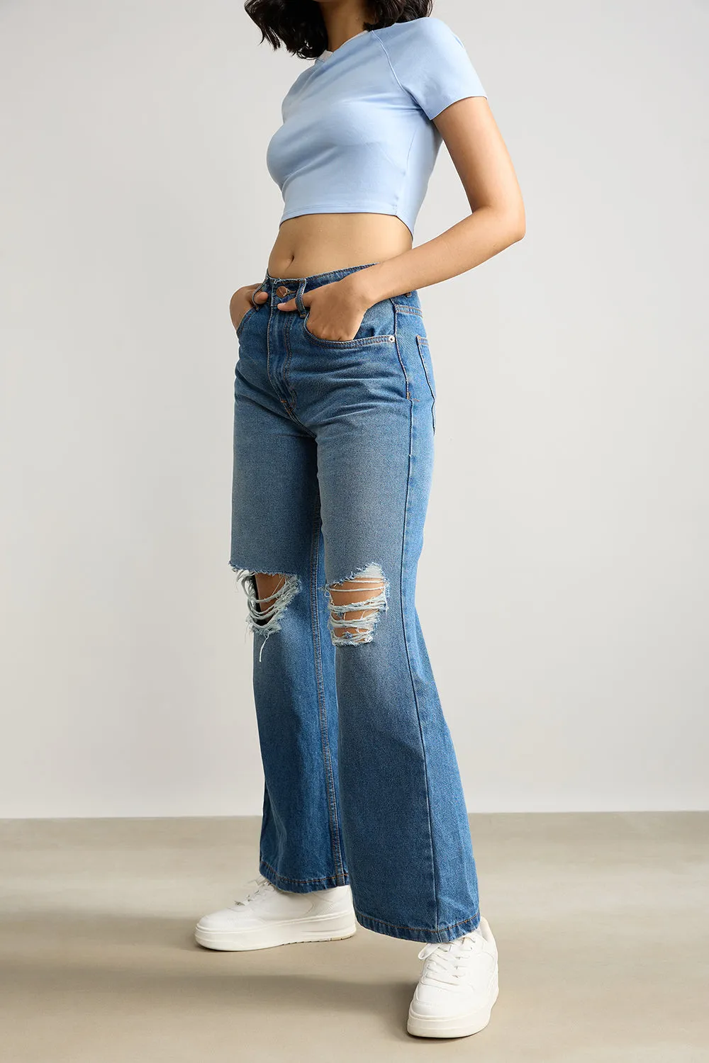 Blue Wide Leg Ripped Jeans