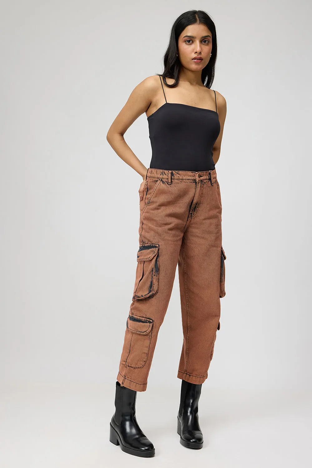 Brown Washed Cropped Cargo Jeans