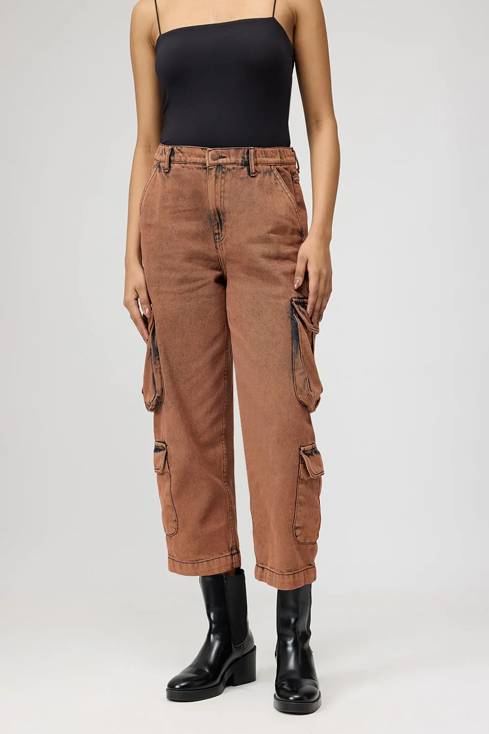 Brown Washed Cropped Cargo Jeans