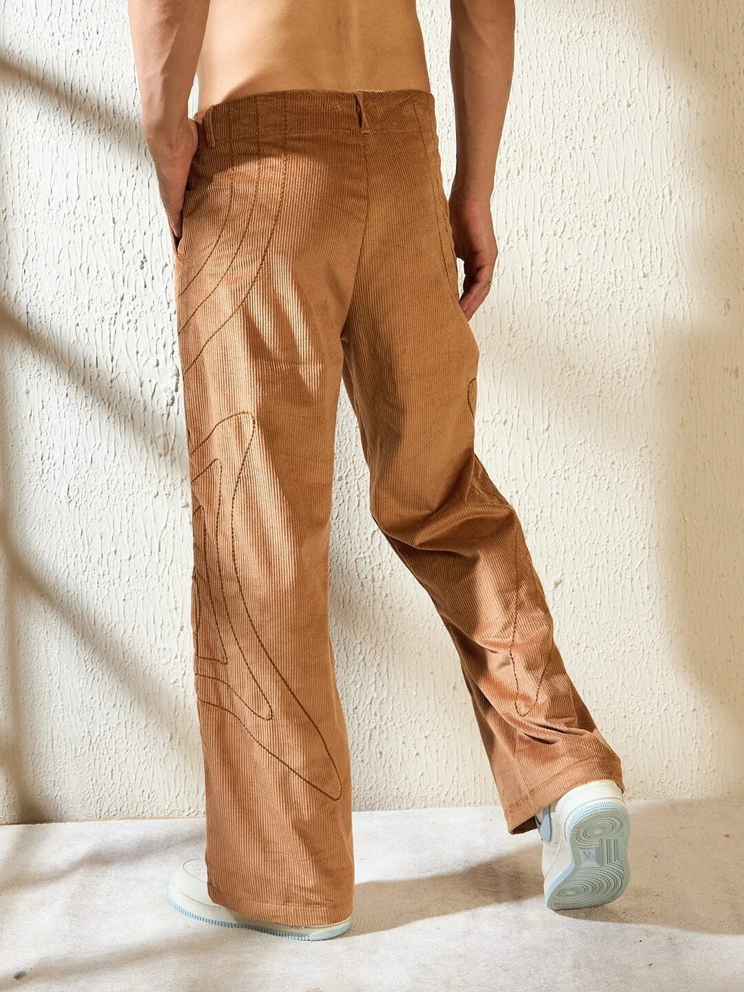 Brown Wavy Embroiedery Baggy Corduroy Trousers