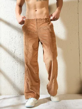 Brown Wavy Embroiedery Baggy Corduroy Trousers