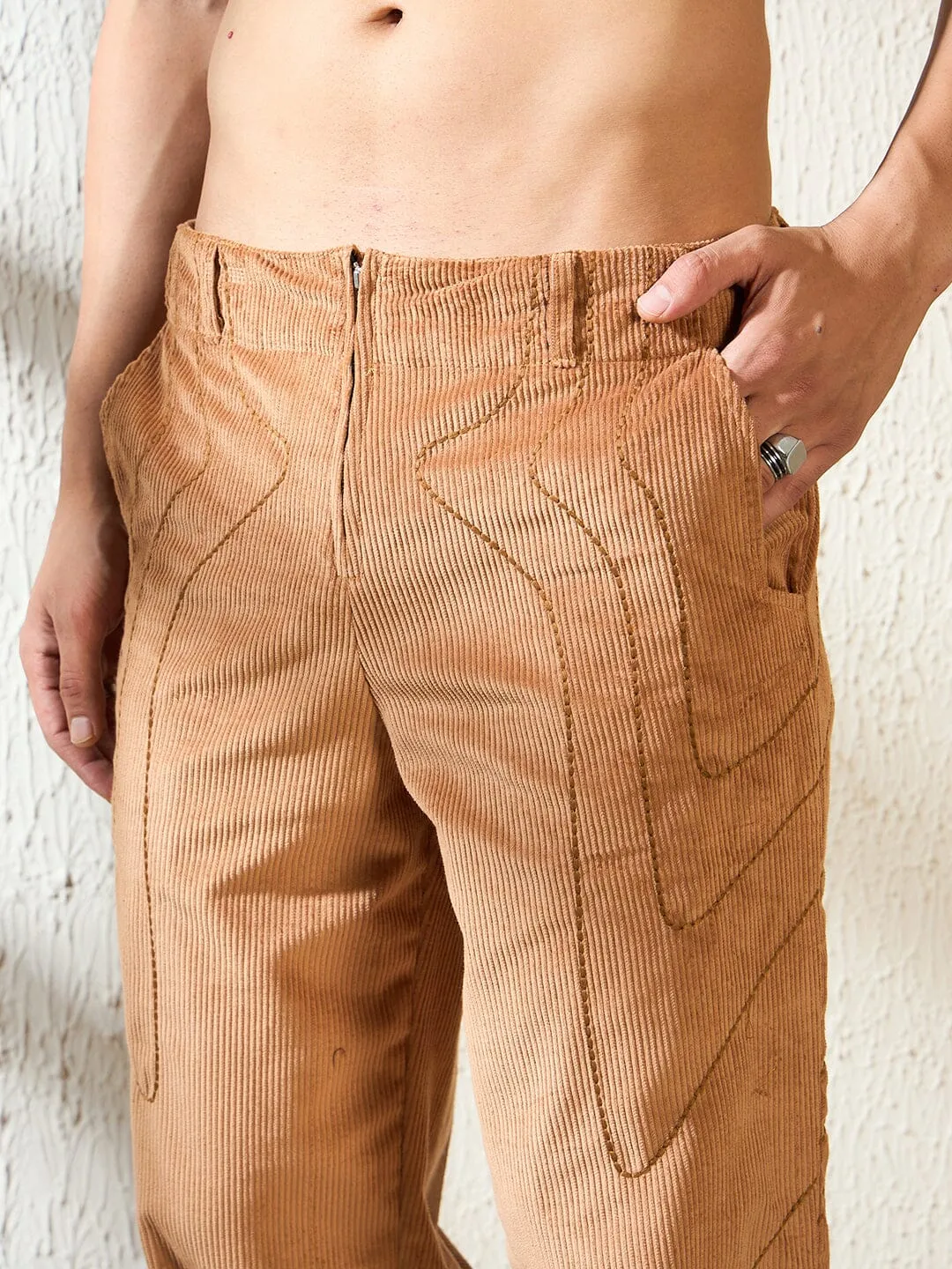 Brown Wavy Embroiedery Baggy Corduroy Trousers