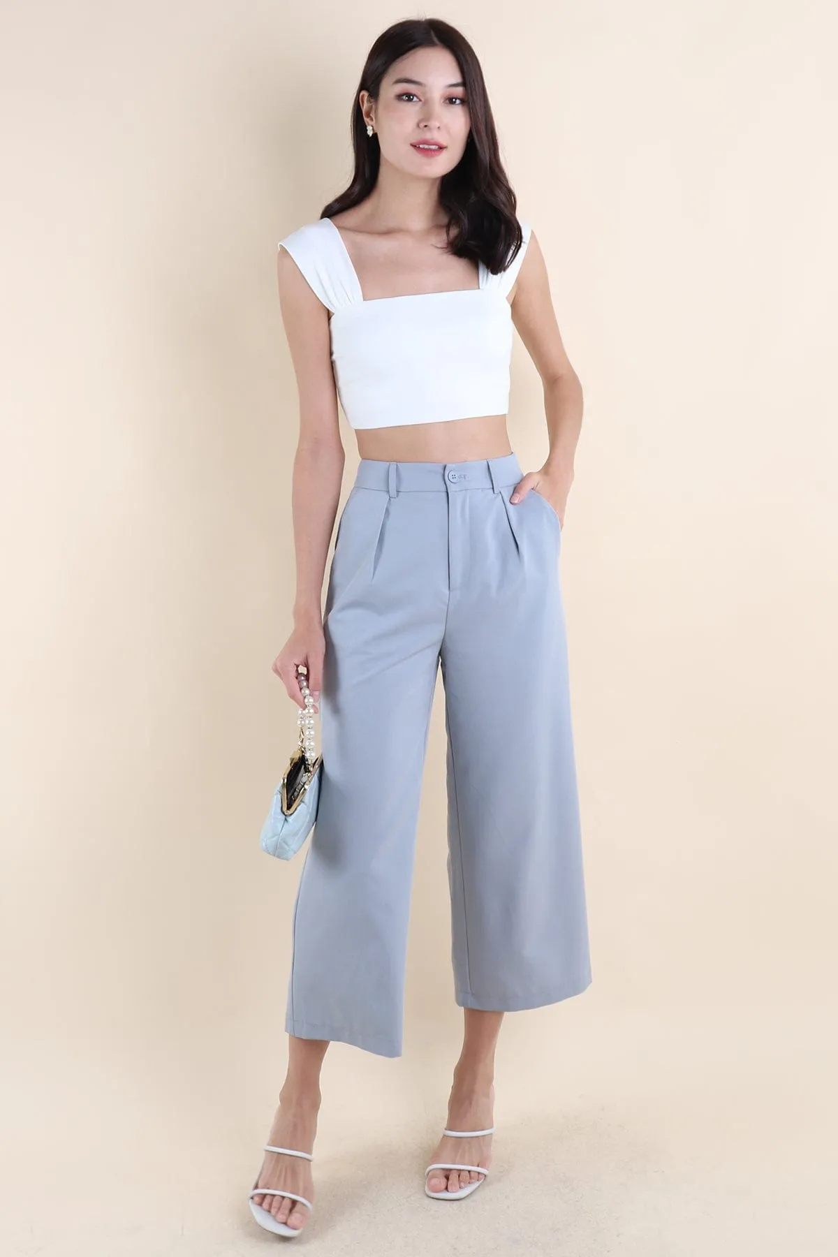 CAMO PLEATED WIDE LEG TROUSERS IN BLUE