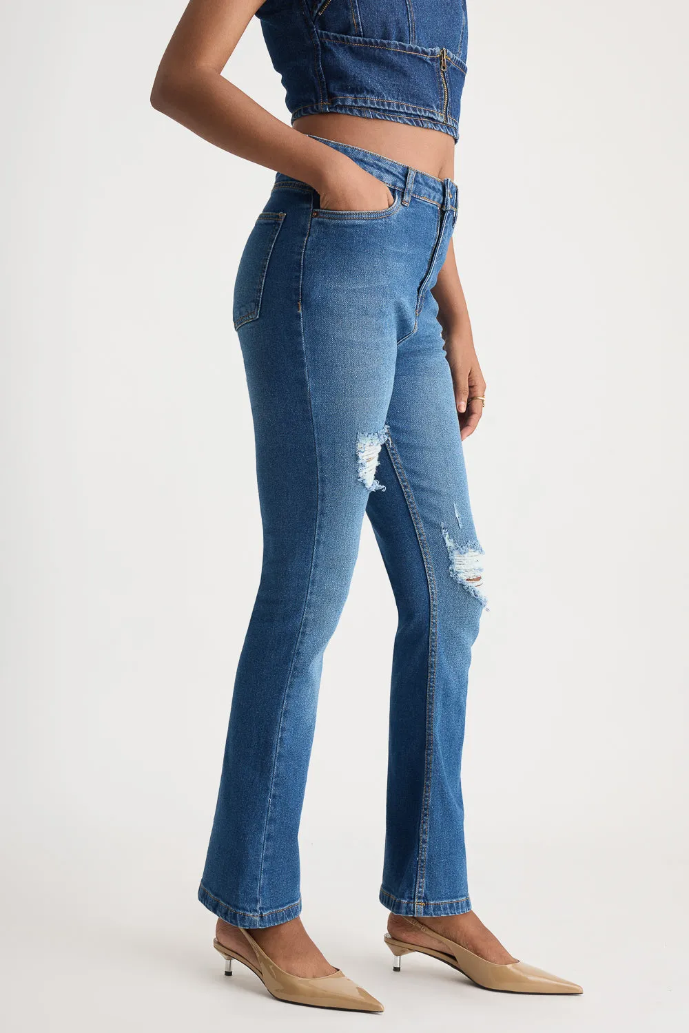 Classic Blue Distress Bootcut Jeans