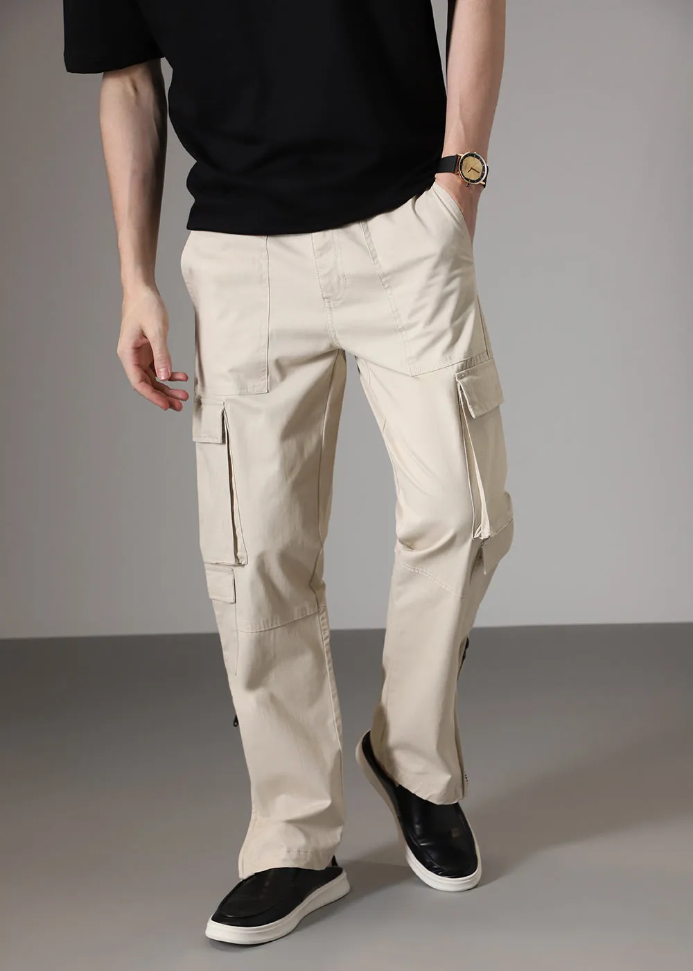 Cream Zipper Cargo Pant