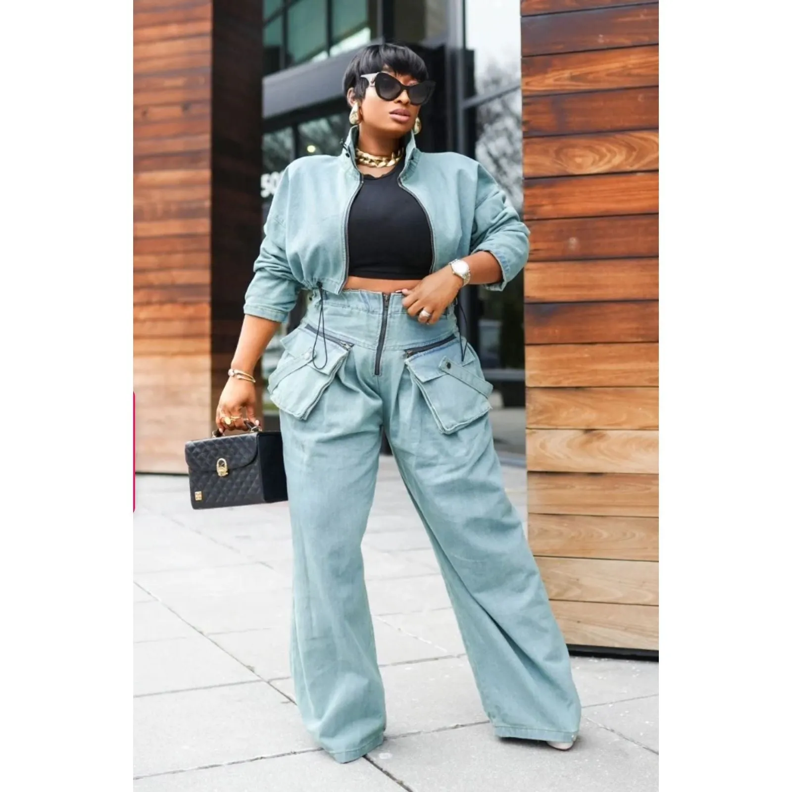 Denim Crop Blouse and Cargo Pant Set