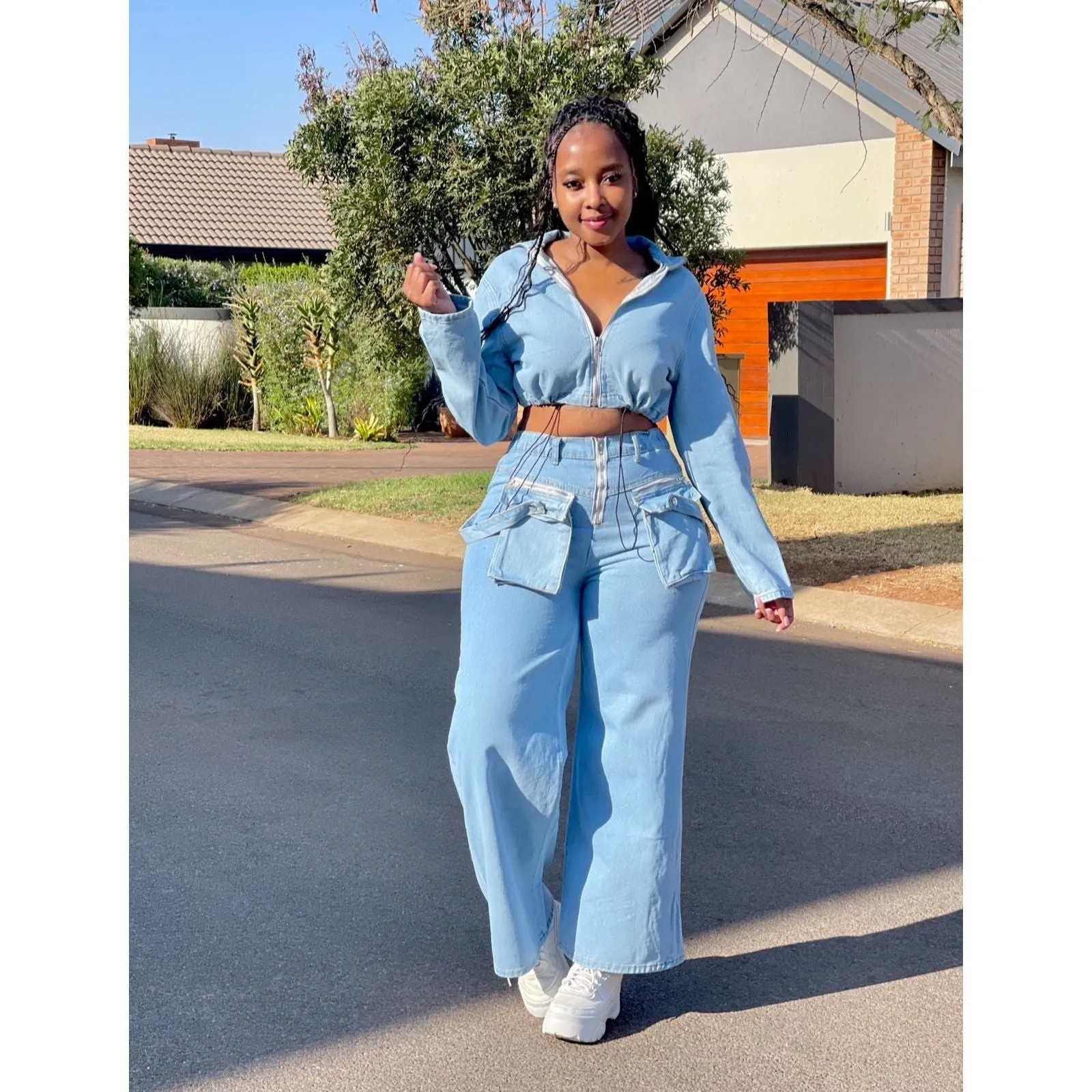 Denim Crop Blouse and Cargo Pant Set