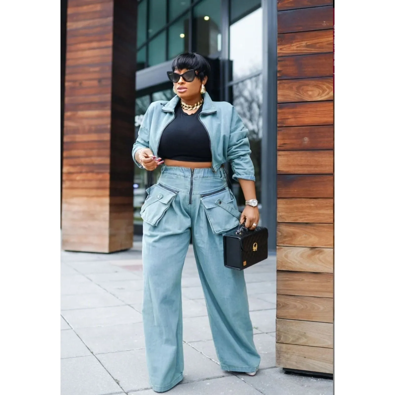 Denim Crop Blouse and Cargo Pant Set