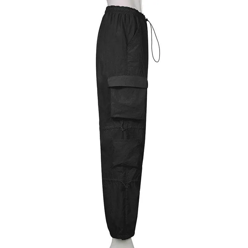 Drawstring solid cargo pocket low rise baggy pant