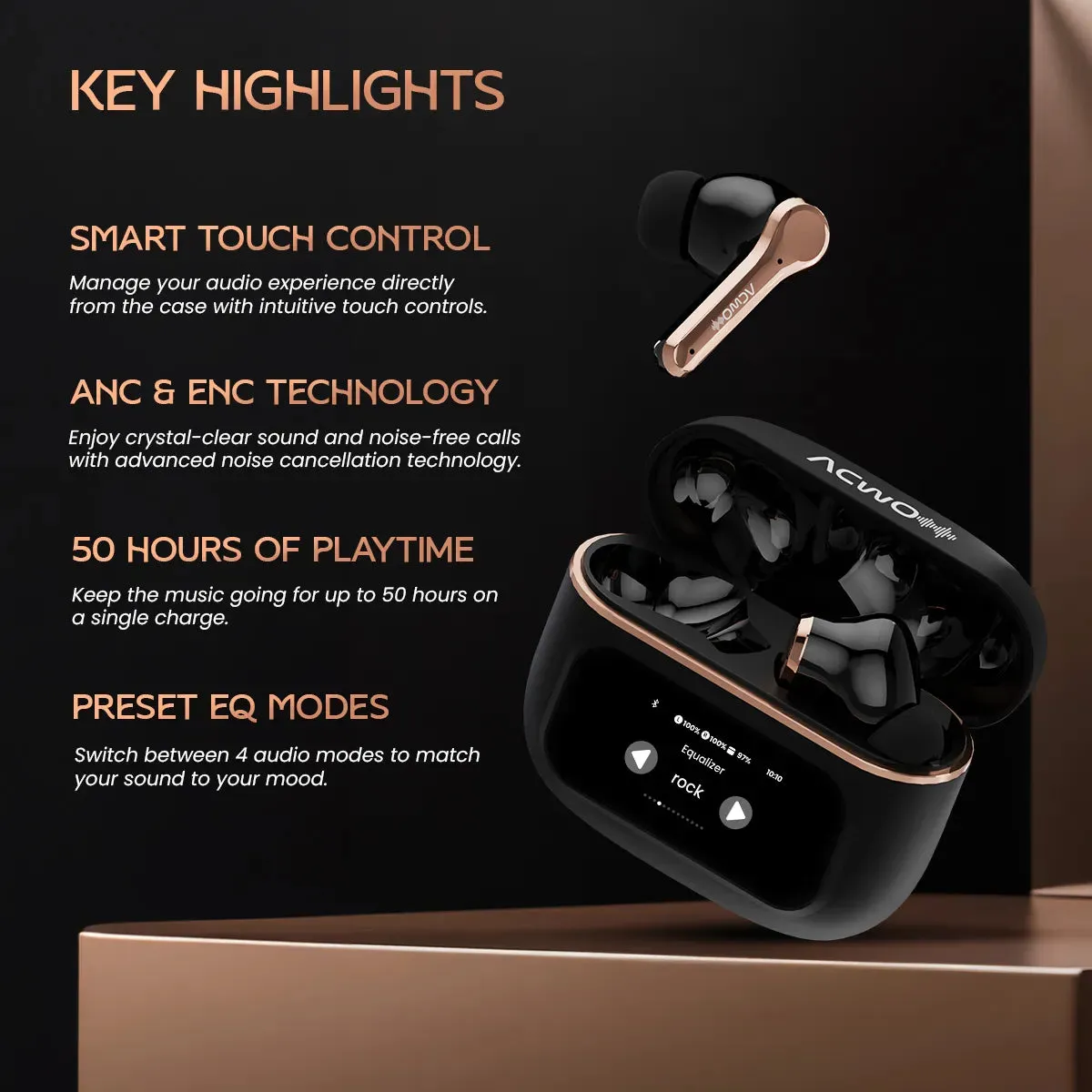 DwOTS Touch : Smart Touch Screen Display Black TWS Earbuds