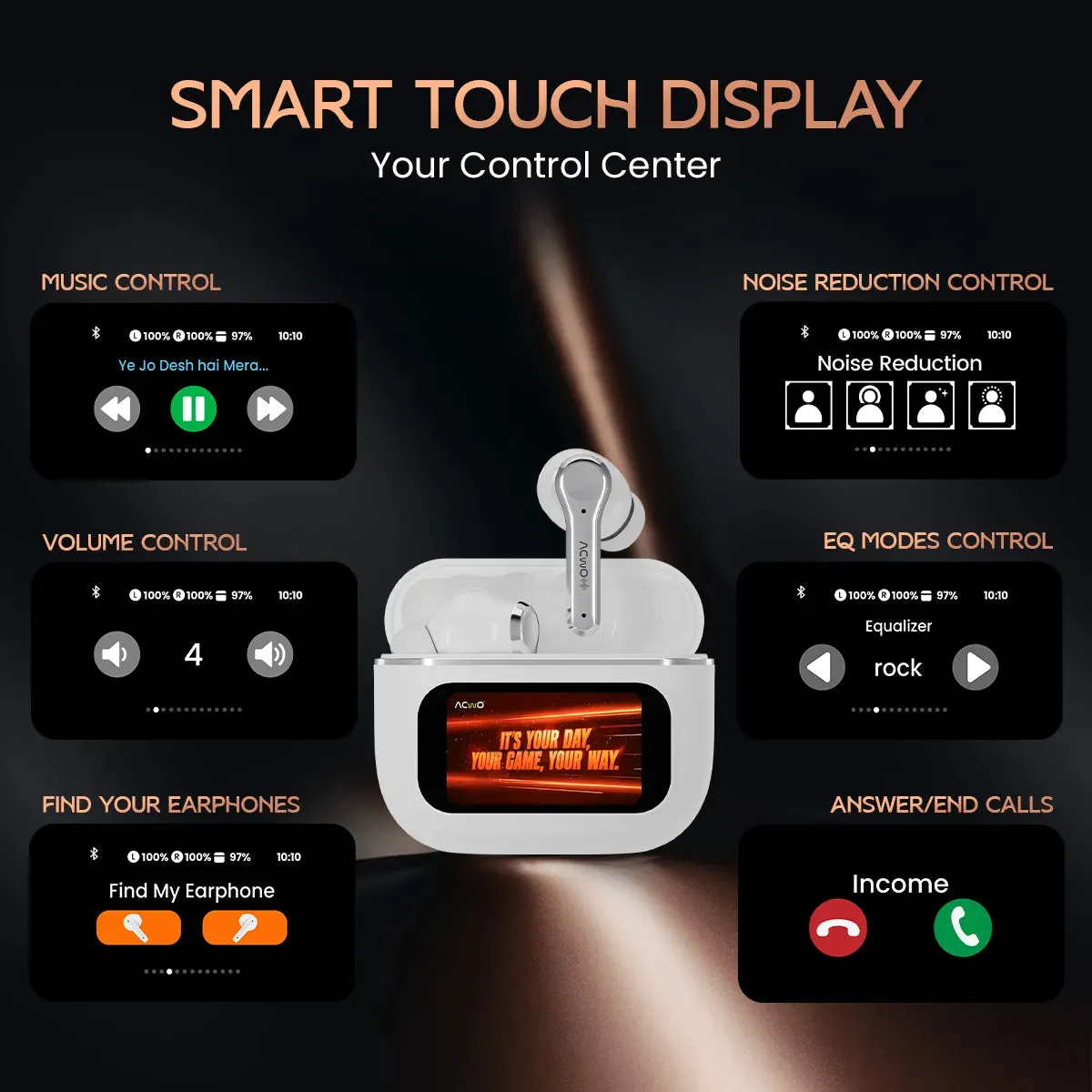 DwOTS Touch : Smart Touch Screen Display Black TWS Earbuds