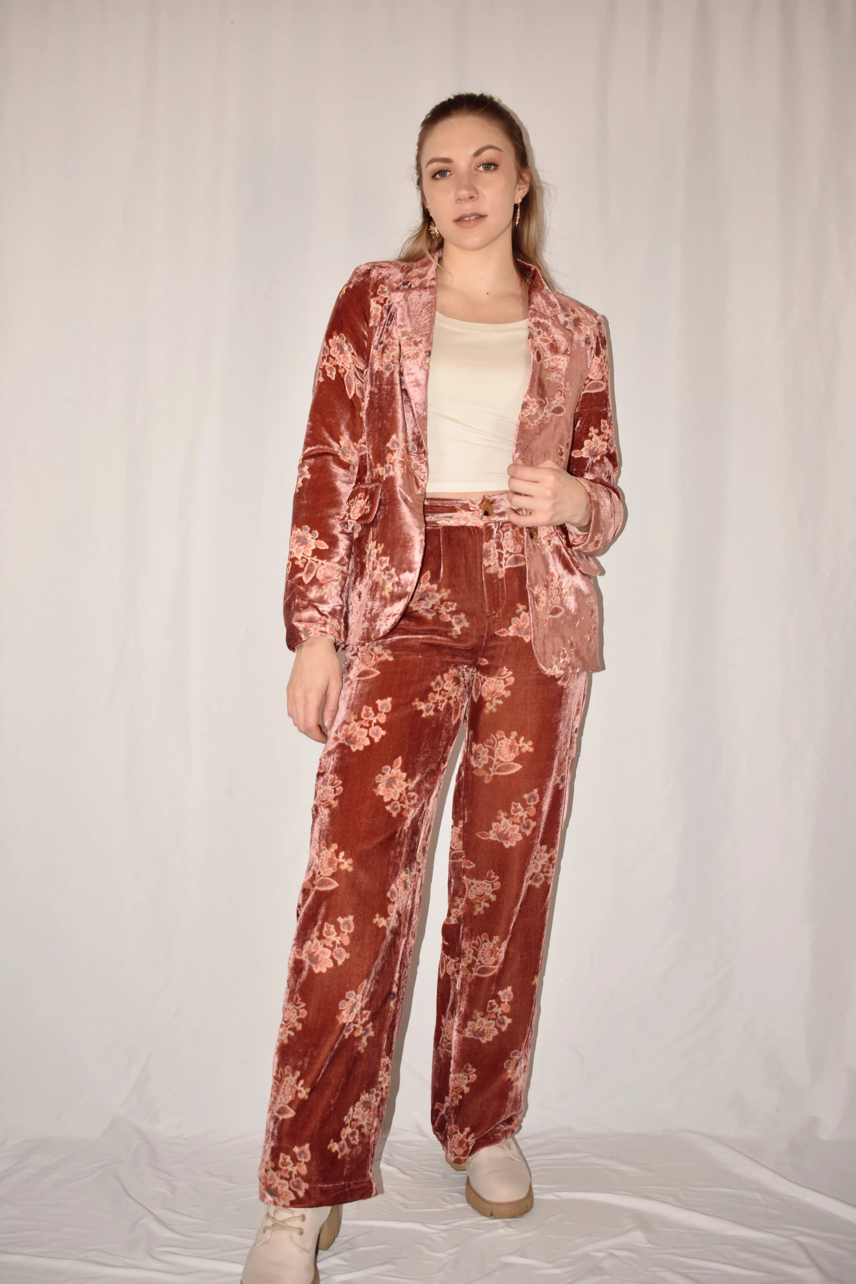 floral velvet trousers