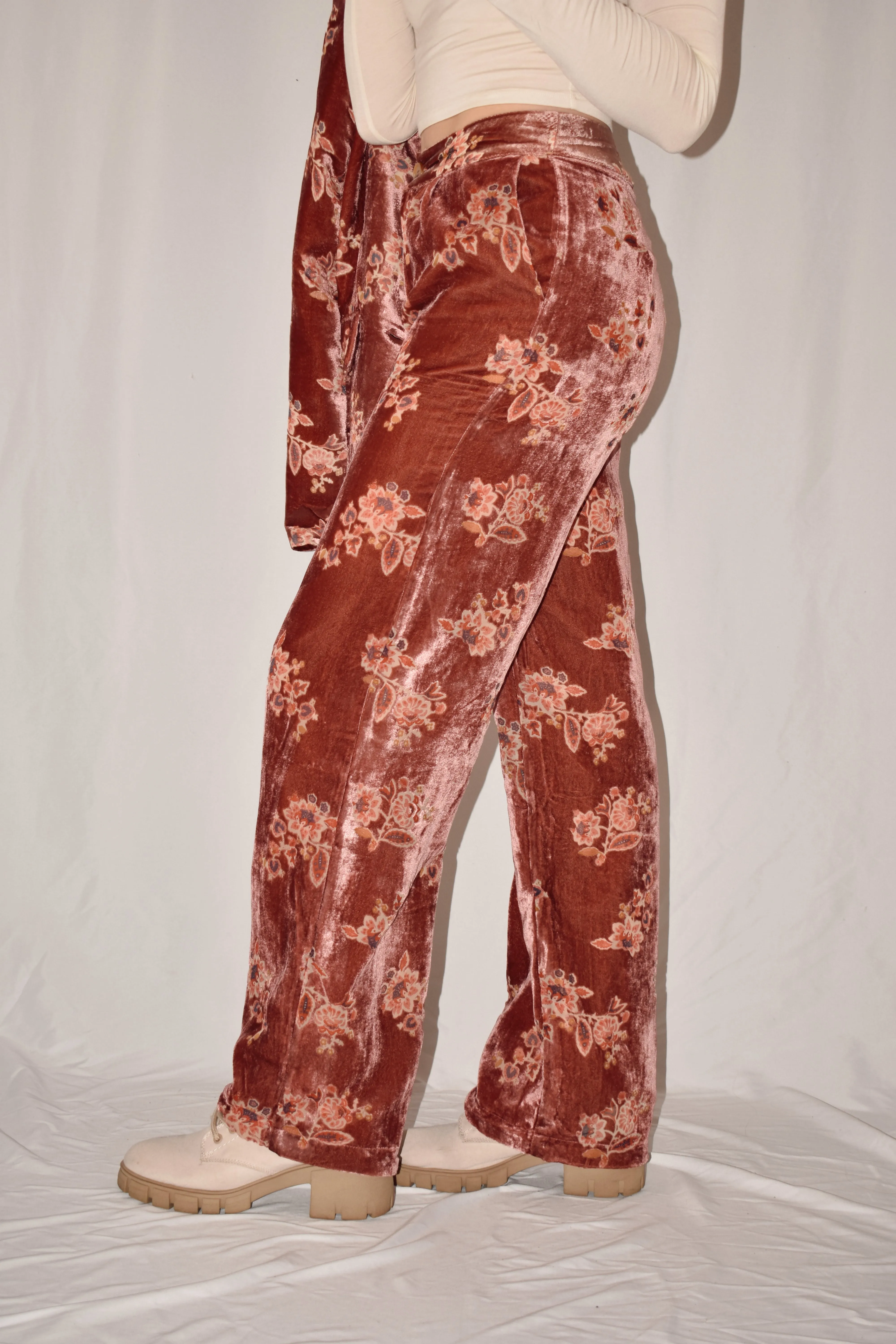 floral velvet trousers