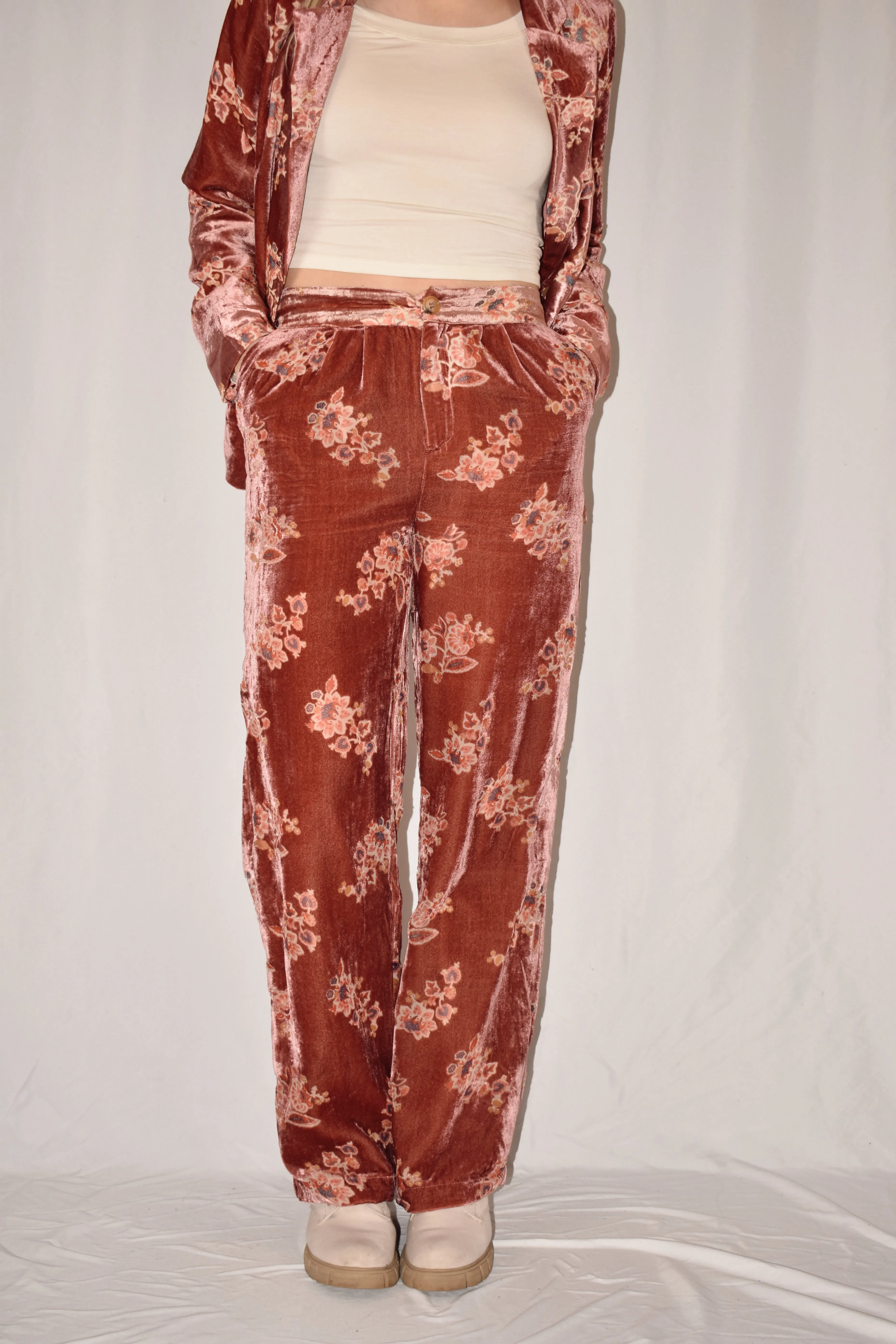 floral velvet trousers