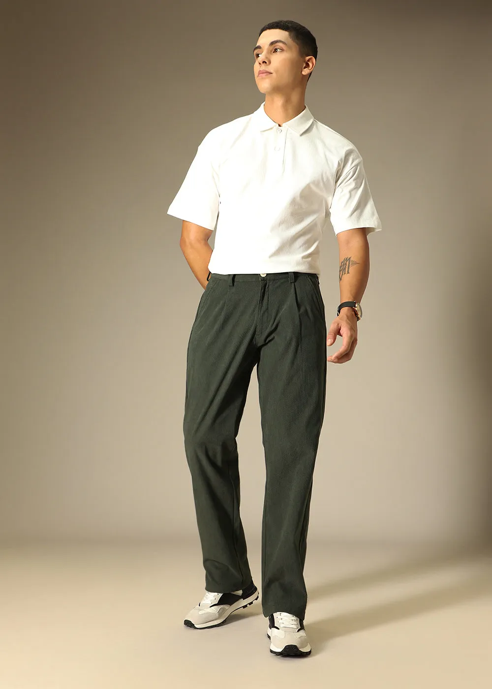 Green Textured Corduroy Pant