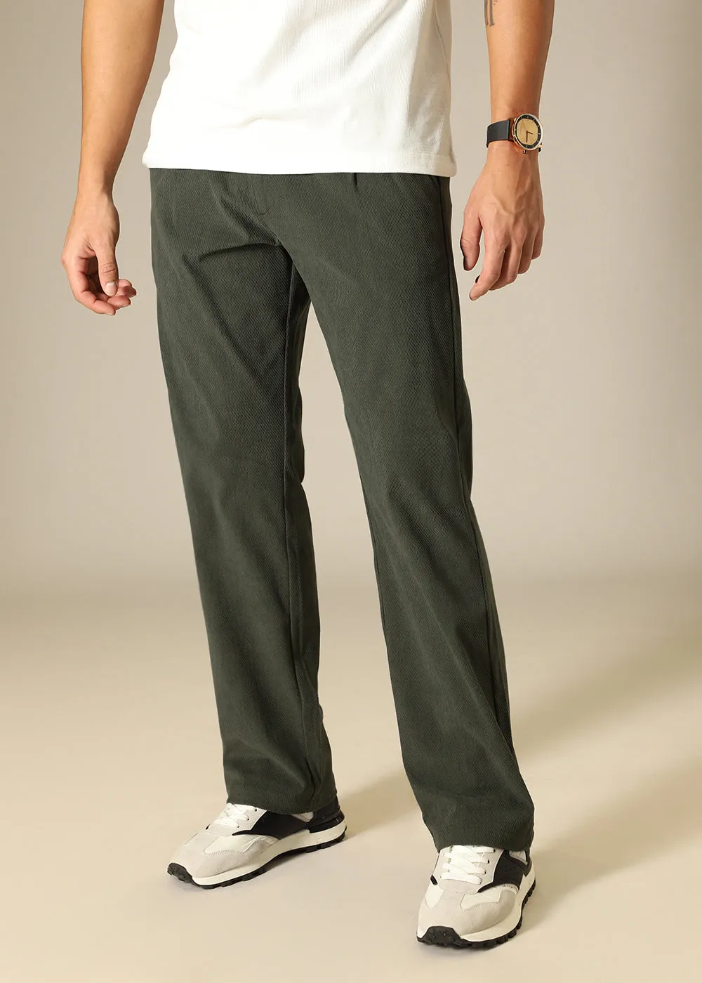 Green Textured Corduroy Pant