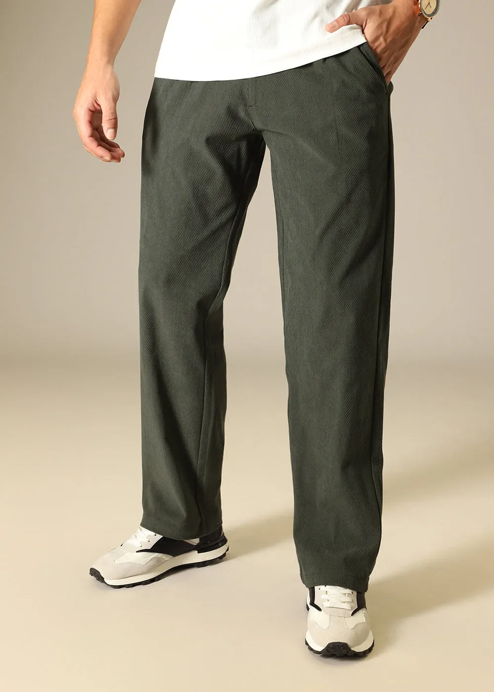 Green Textured Corduroy Pant