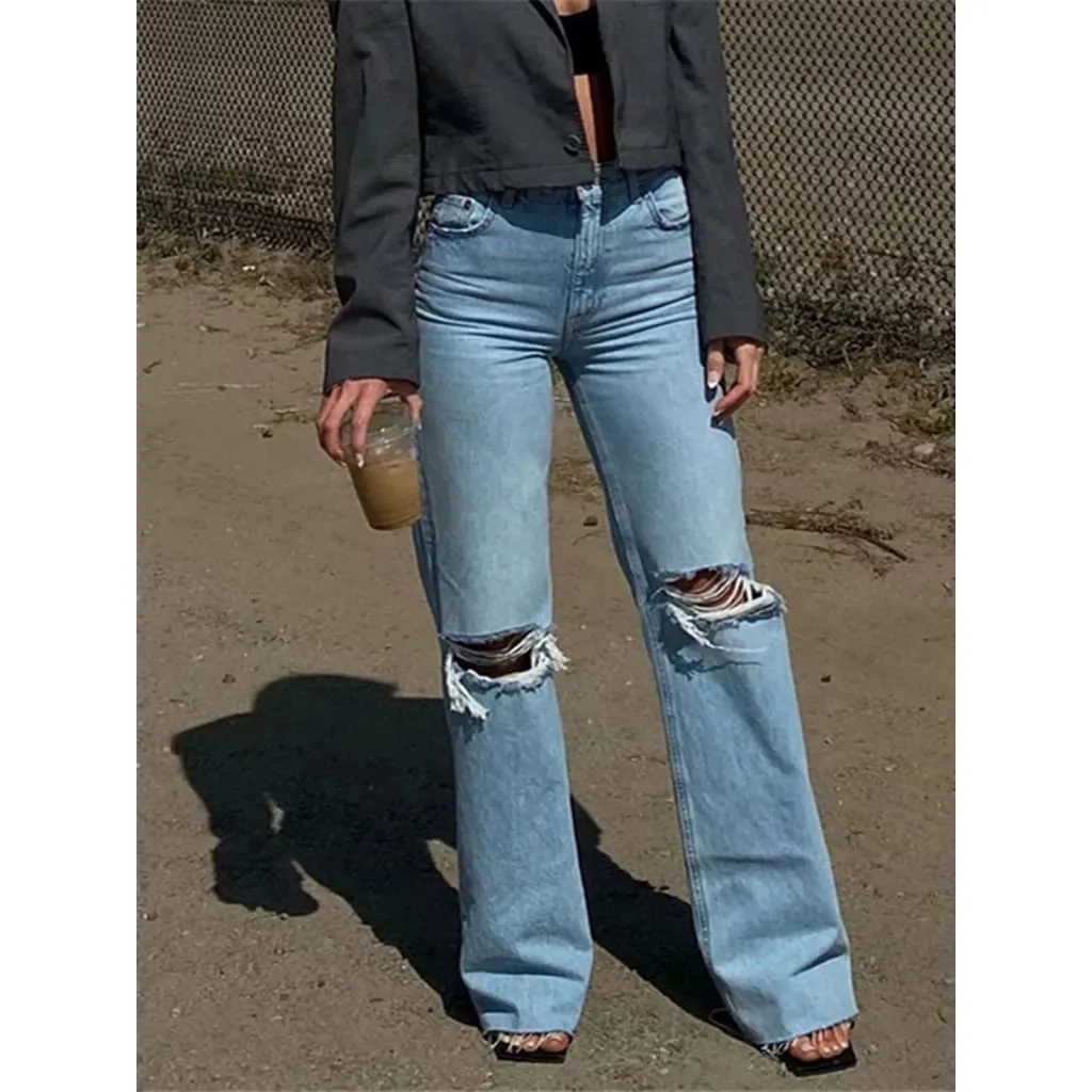 High Waist Slant Pocket Ripped Bootcut Washed Jeans