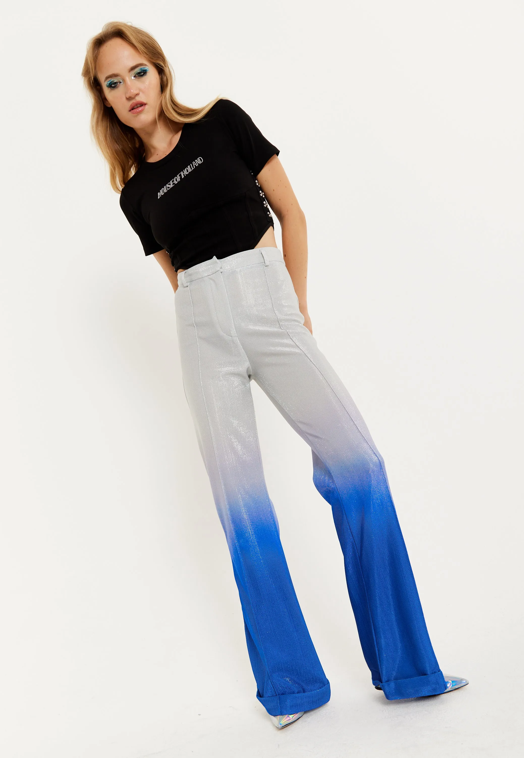 House of Holland Ombre Shimmer Trousers In Blue And Silver