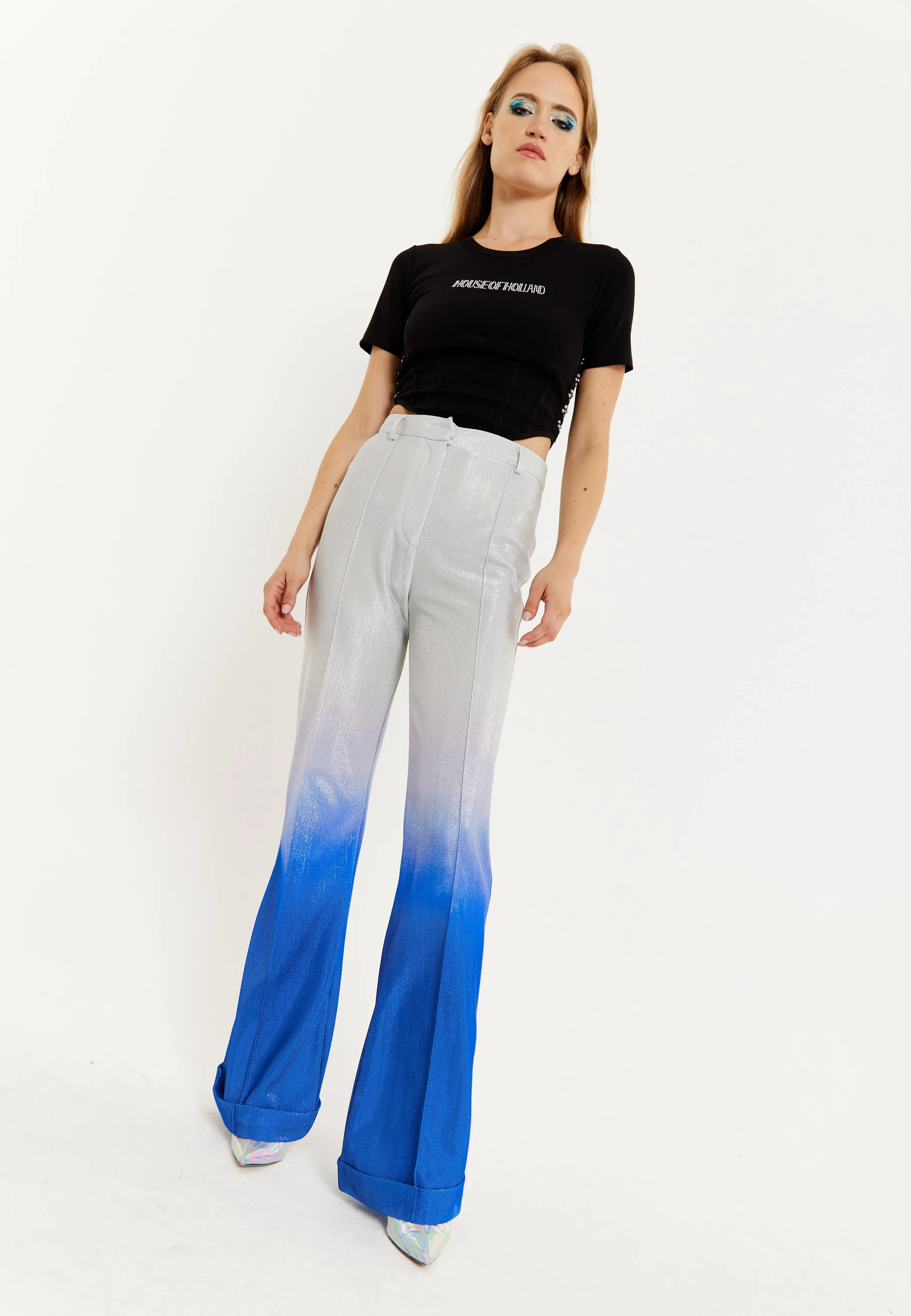 House of Holland Ombre Shimmer Trousers In Blue And Silver