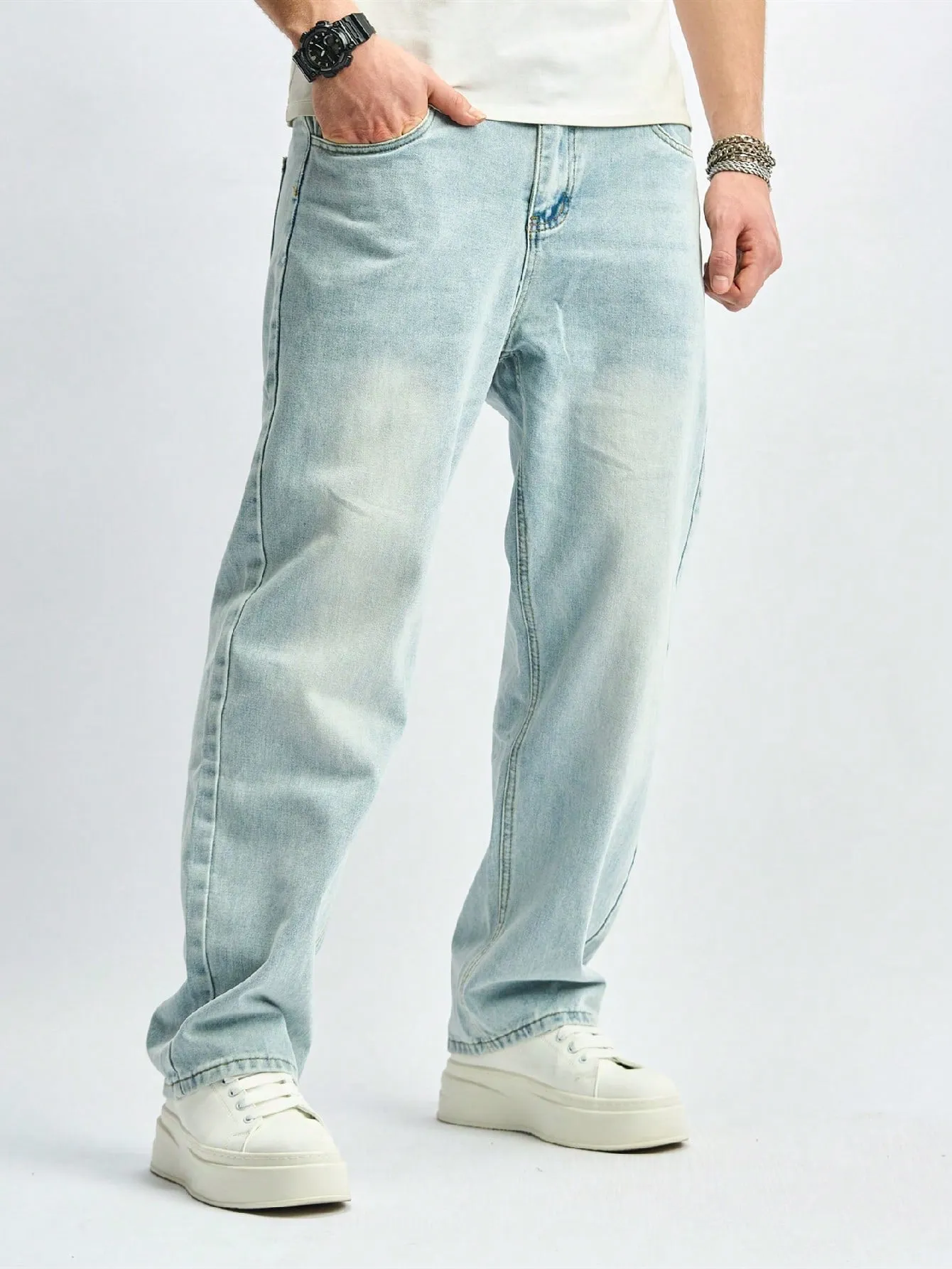 Manfinity Homme Men Water Washed Straight Leg Jeans With Diagonal Pockets Fashionable Casual Streetwear All Match Baggy Long Light Jean Cargo Plain Teal Going Out Hip Hop Rapper