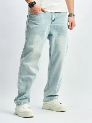 Manfinity Homme Men Water Washed Straight Leg Jeans With Diagonal Pockets Fashionable Casual Streetwear All Match Baggy Long Light Jean Cargo Plain Teal Going Out Hip Hop Rapper