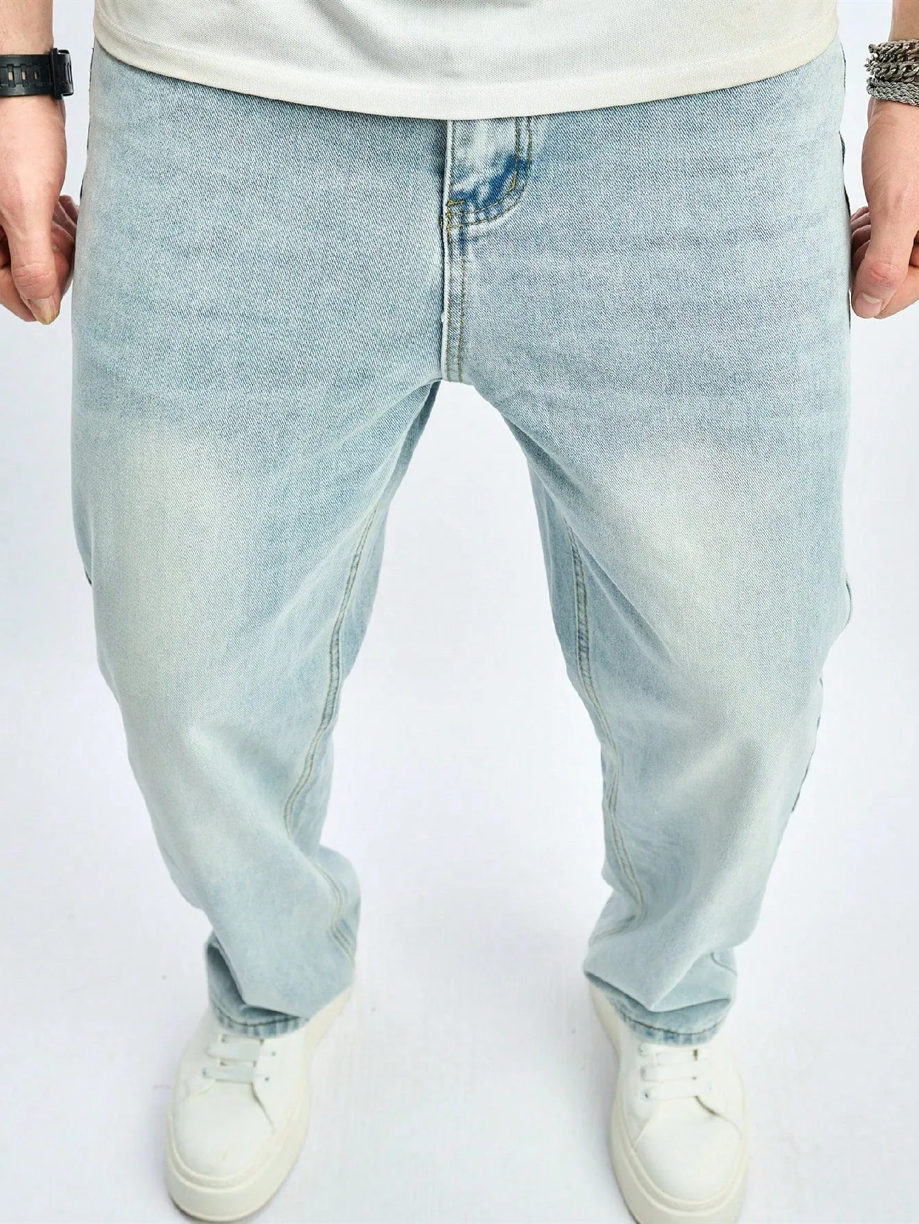 Manfinity Homme Men Water Washed Straight Leg Jeans With Diagonal Pockets Fashionable Casual Streetwear All Match Baggy Long Light Jean Cargo Plain Teal Going Out Hip Hop Rapper