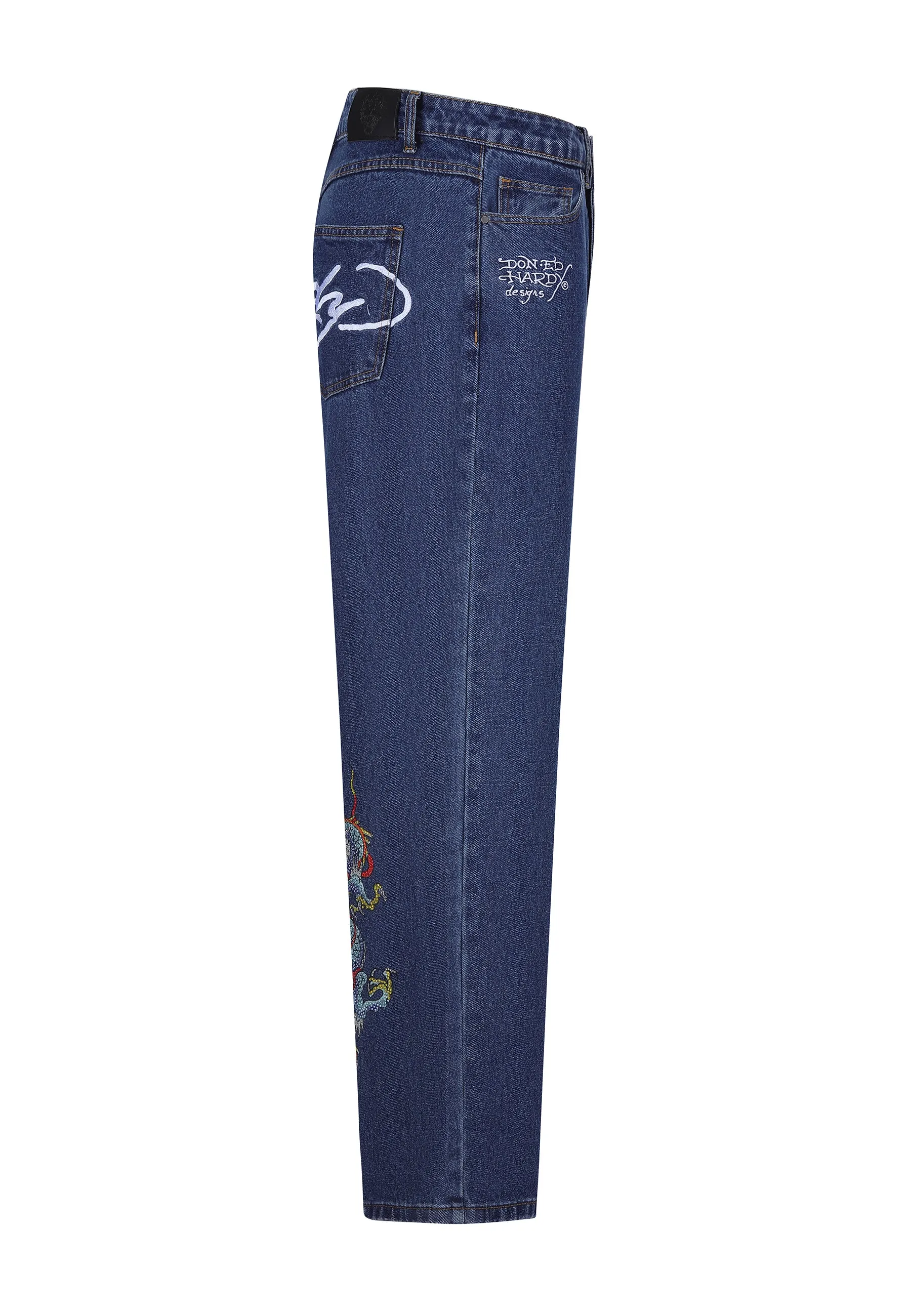 Mens Battle-Dragon Diamante Denim Trousers Jeans - Indigo