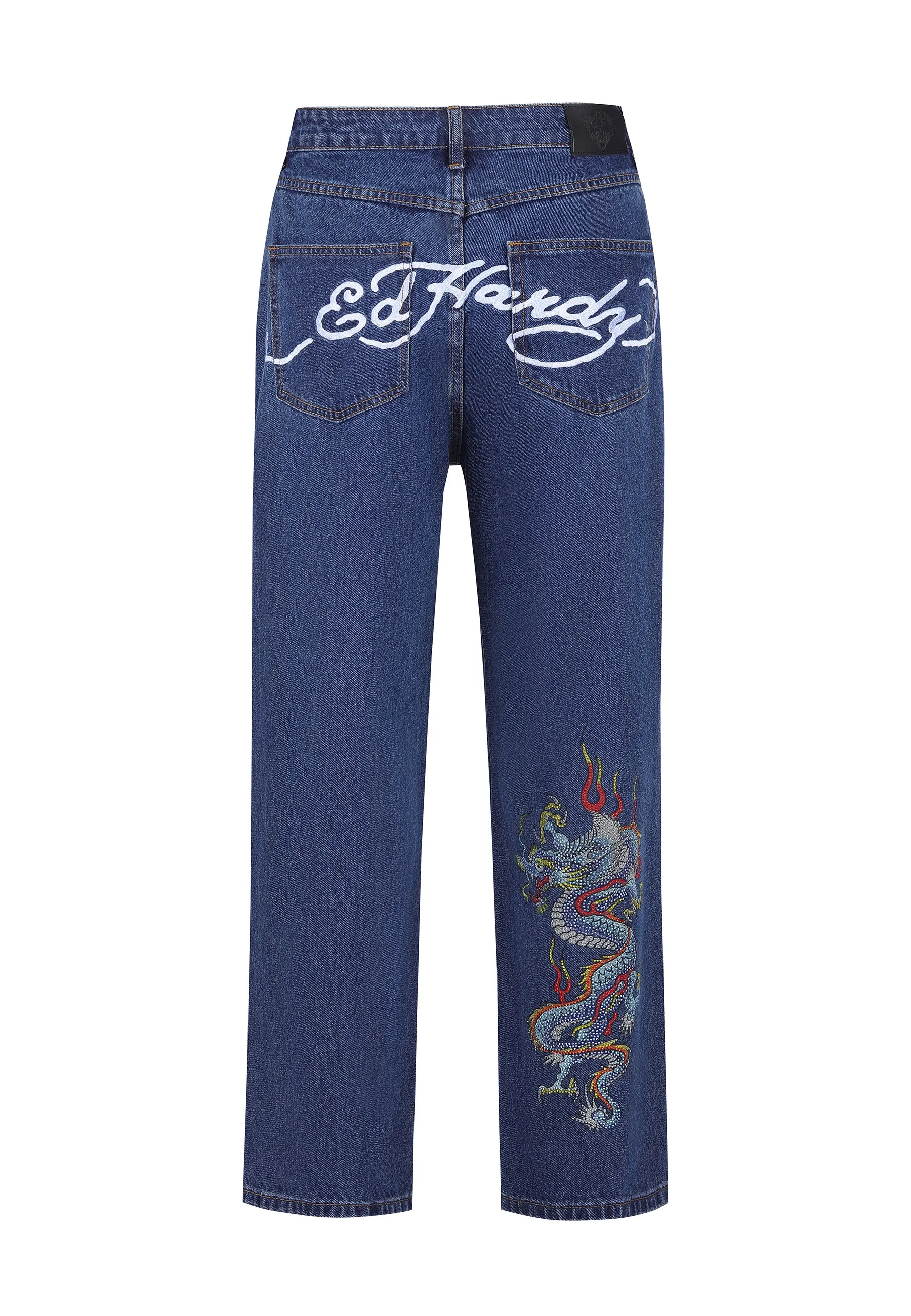 Mens Battle-Dragon Diamante Denim Trousers Jeans - Indigo