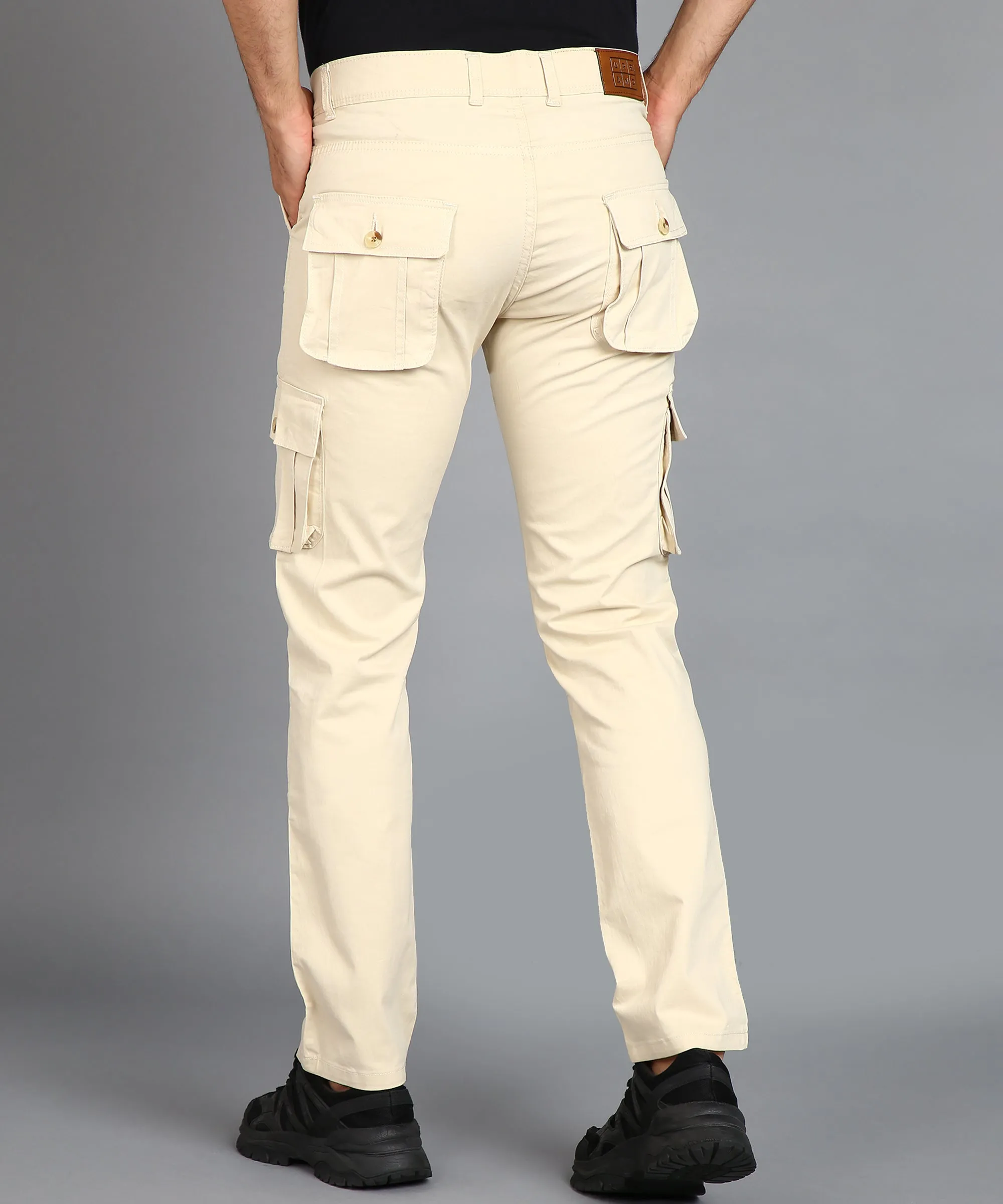 Men's Cream Regular Fit Solid Cargo Chino Pant with 6 Pockets