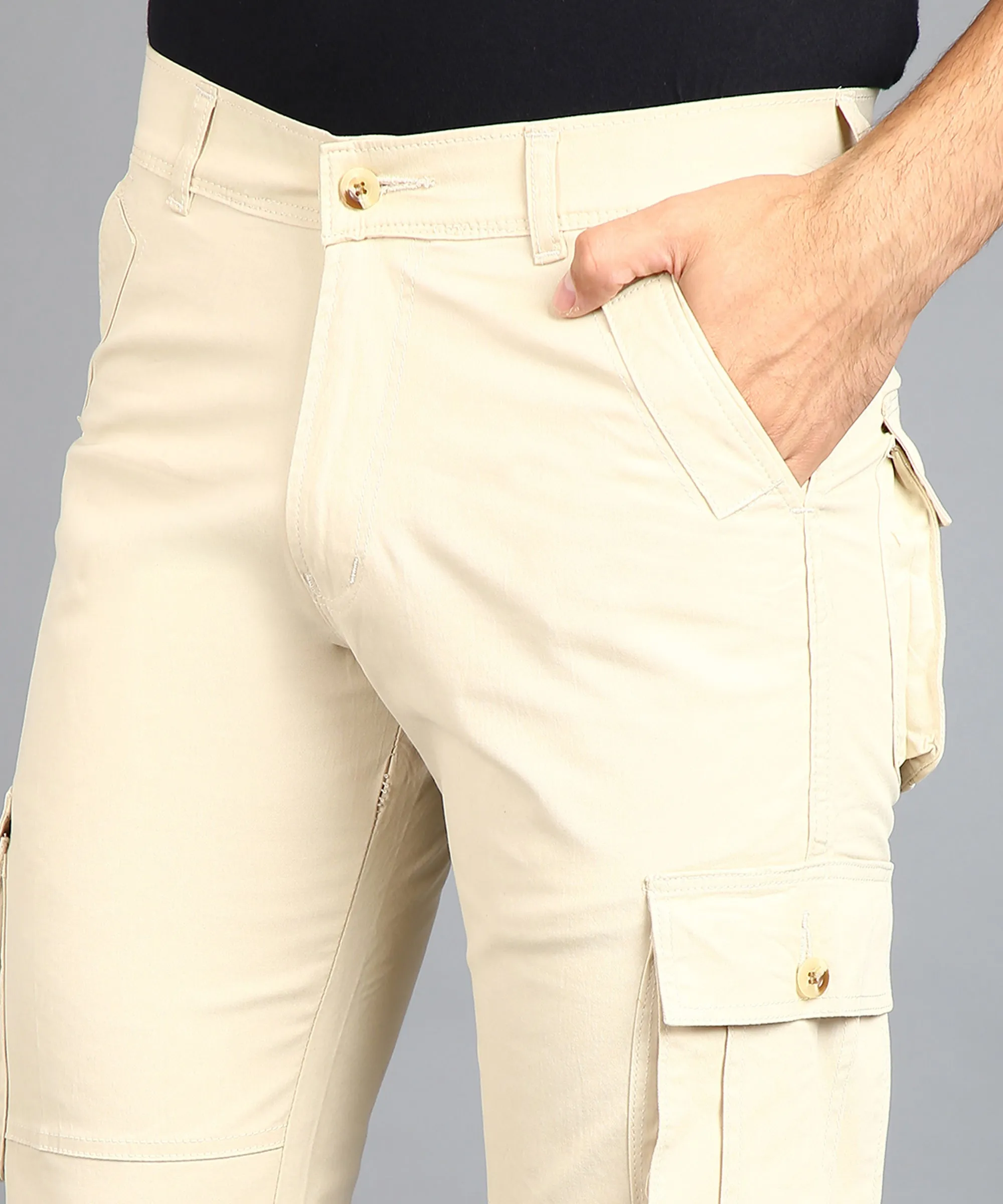 Men's Cream Regular Fit Solid Cargo Chino Pant with 6 Pockets