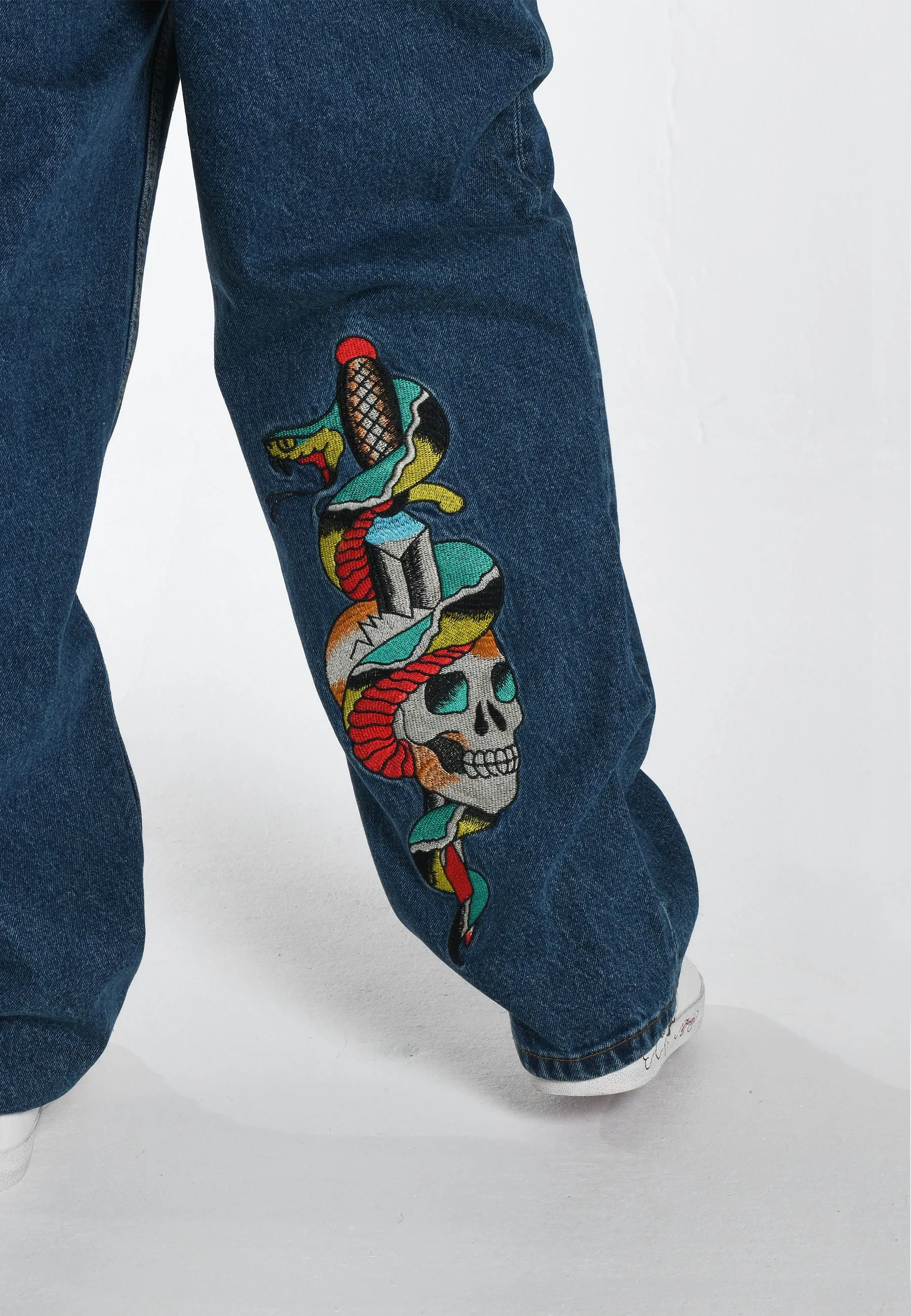 Mens Skull-Snake-Dagger Tattoo Graphic Denim Trousers Jeans - Indigo