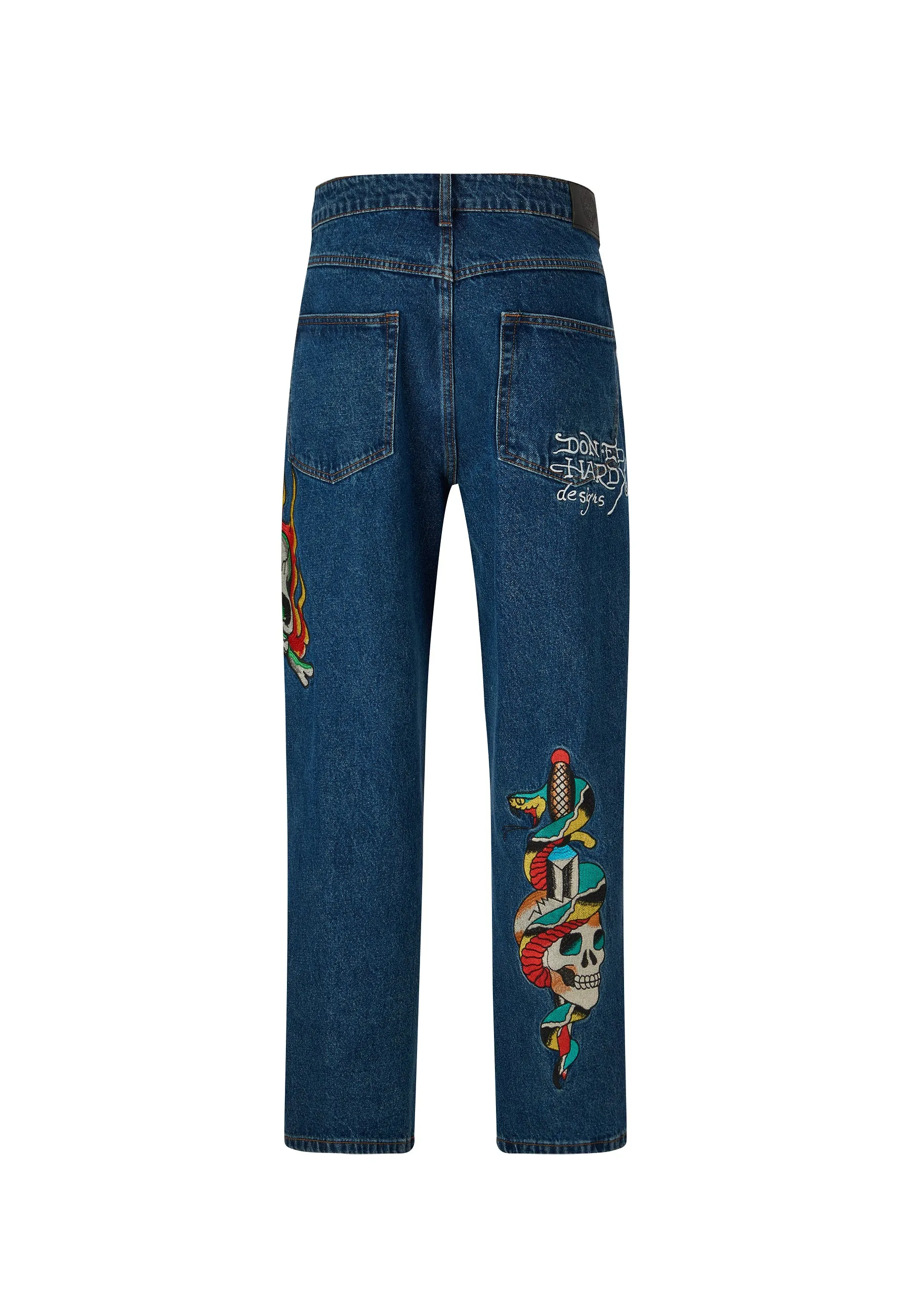 Mens Skull-Snake-Dagger Tattoo Graphic Denim Trousers Jeans - Indigo