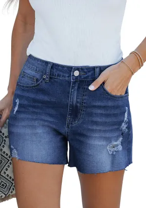 Nightfall Blue Women's High Waisted Distressed Denim Jeans Shorts Ripped Raw Hem Jean Shorts