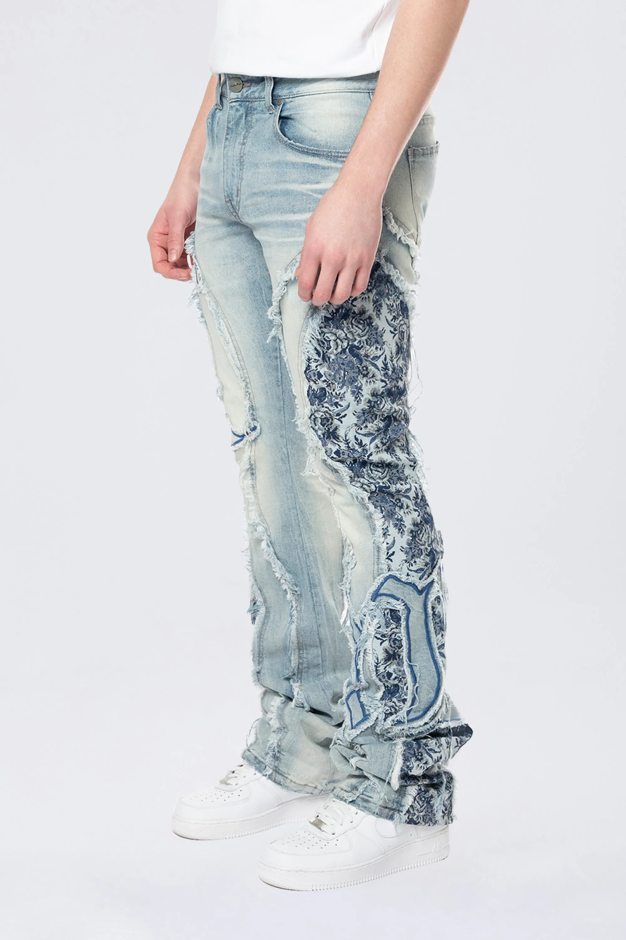 Stacked Pinched Flared Tapestry Paneled Jeans - Montauk Blue