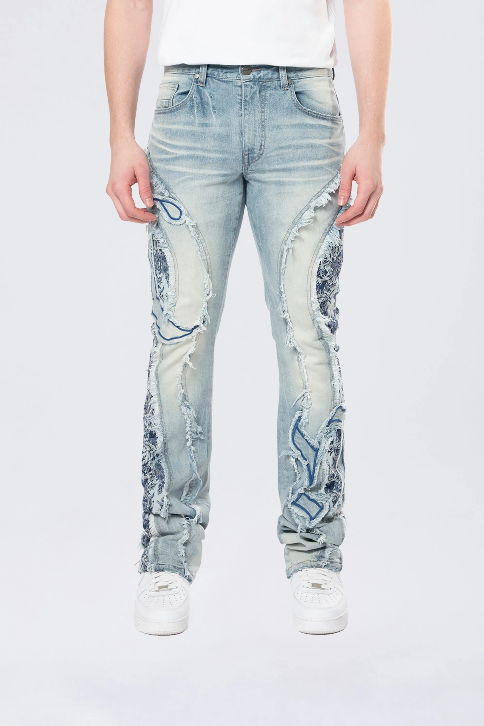 Stacked Pinched Flared Tapestry Paneled Jeans - Montauk Blue